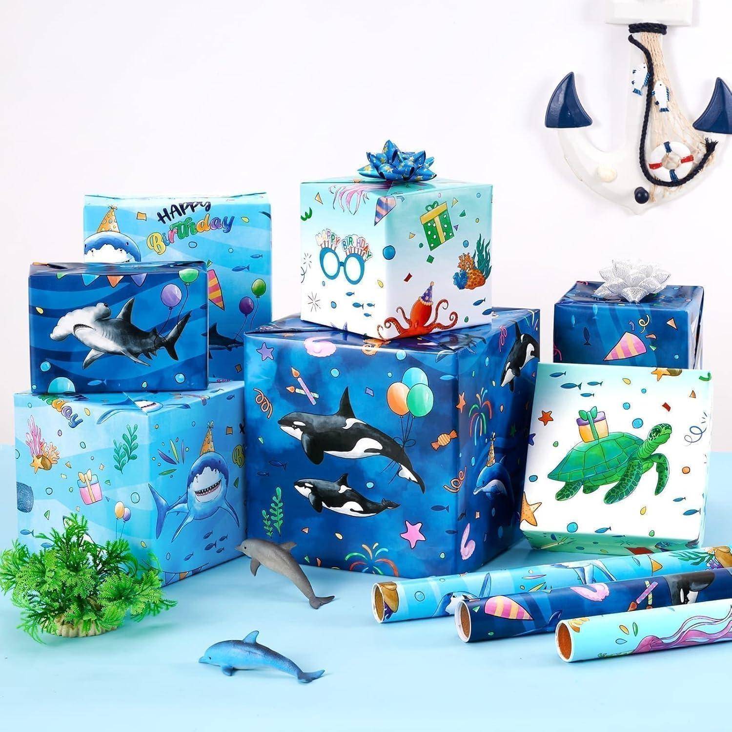 Geschenkpapier Unterwasserwelt Delfin Kinder 3 Rollen Blauer Ozean