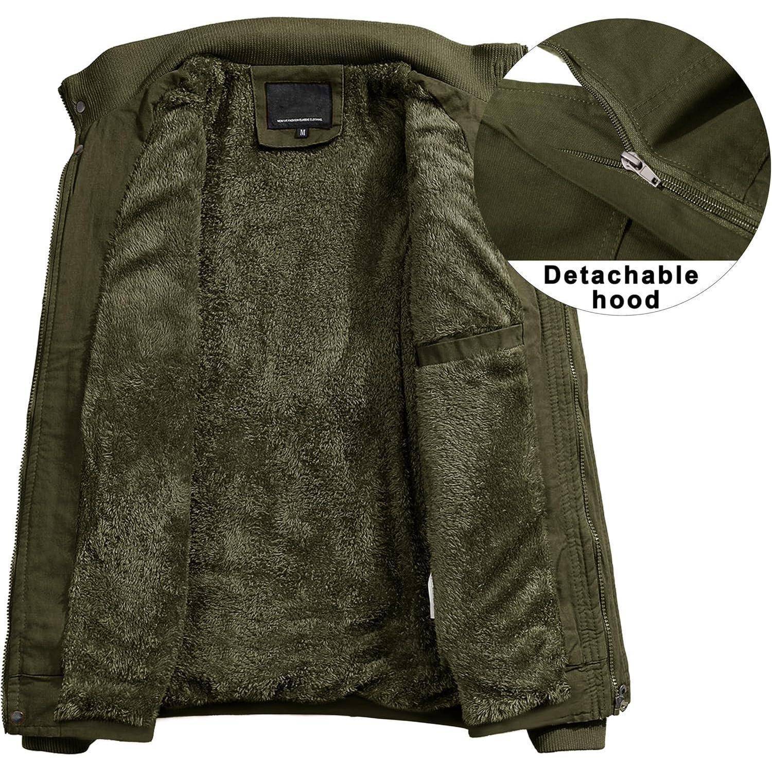 Olivgrüne Jacke mit Plüschfutter und sichtbarer abnehmbarer Kapuze, offen gezeigt, um die Innentextur und Reißverschlussdetails zu präsentieren.