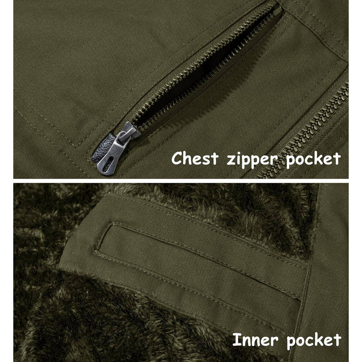 Das Bild zeigt eine grüne Jacke mit einer 'Brusttasche mit Reißverschluss' oben und einer 'Innentasche' mit Klappe darunter.