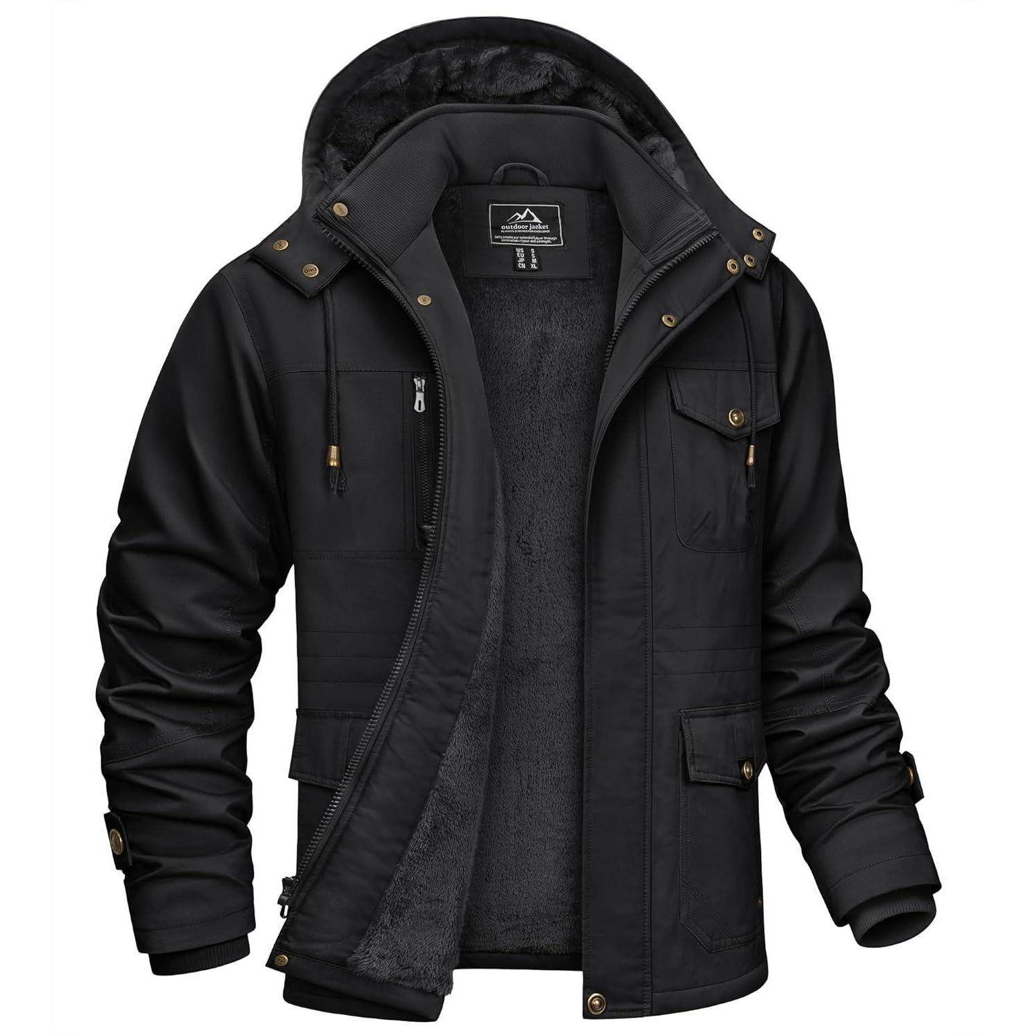Winterjacke Herren gefüttert Kapuze Cargo Stehkragen L Schwarz