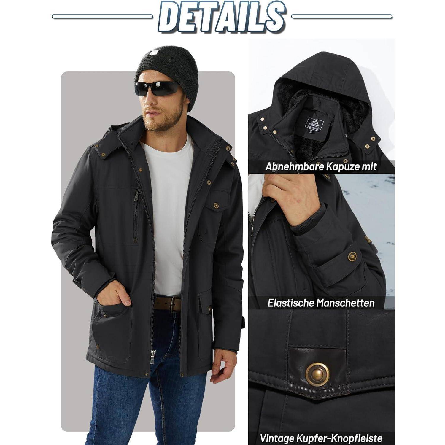 Winterjacke Herren gefüttert Kapuze Cargo Stehkragen L Schwarz
