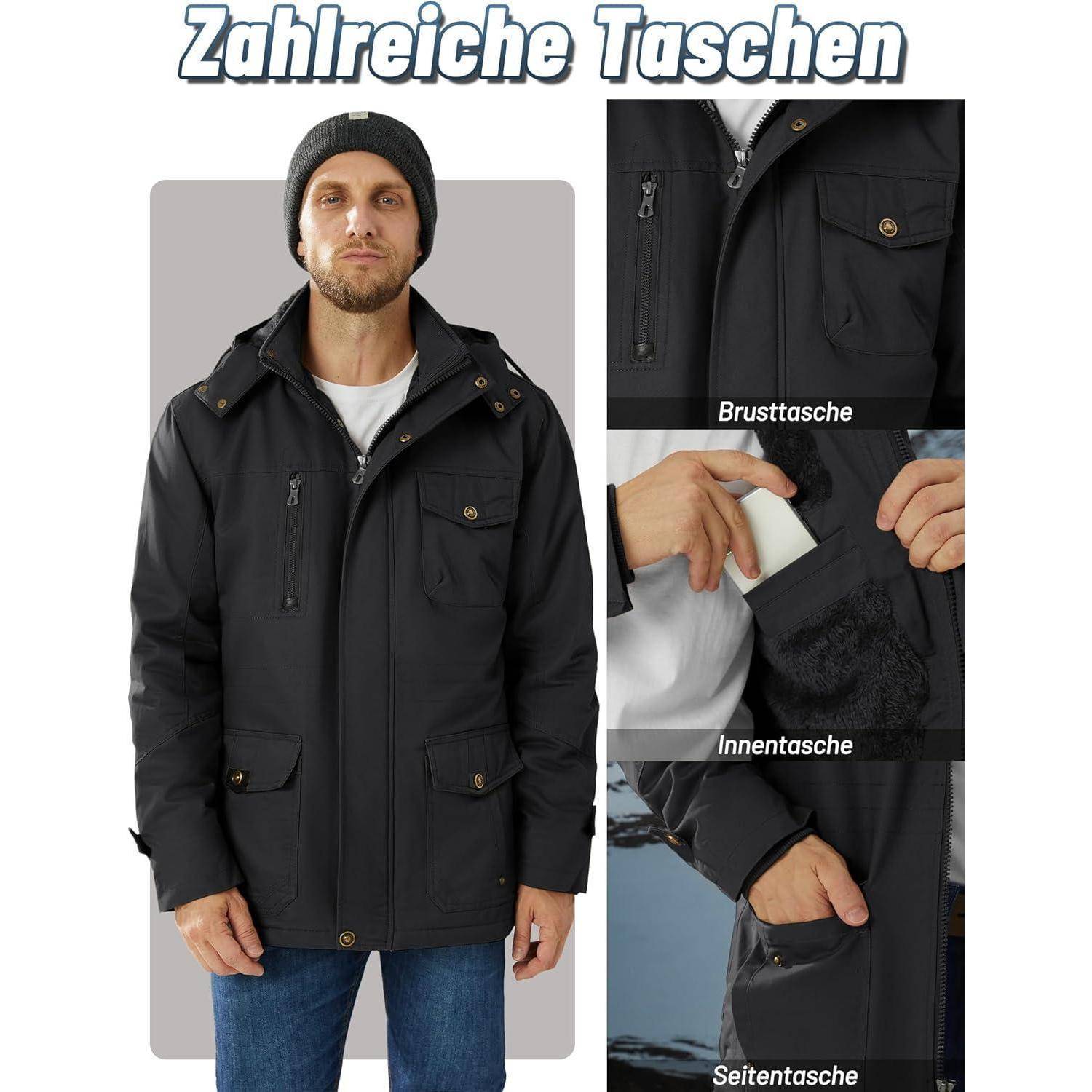 Winterjacke Herren gefüttert Kapuze Cargo Stehkragen L Schwarz