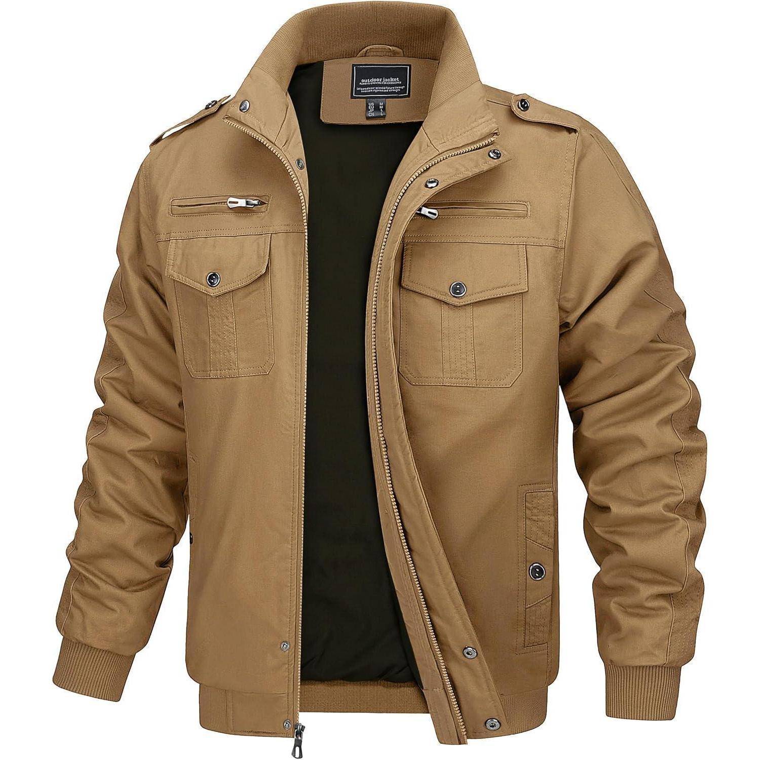 Übergangsjacke Herren Stehkragen Cargo Winddicht Taschen XXL Khaki