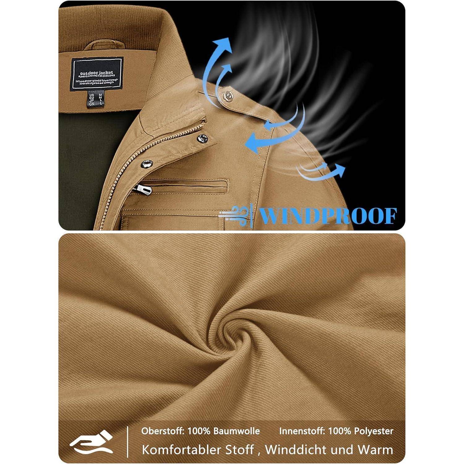Übergangsjacke Herren Stehkragen Cargo Winddicht Taschen XXL Khaki
