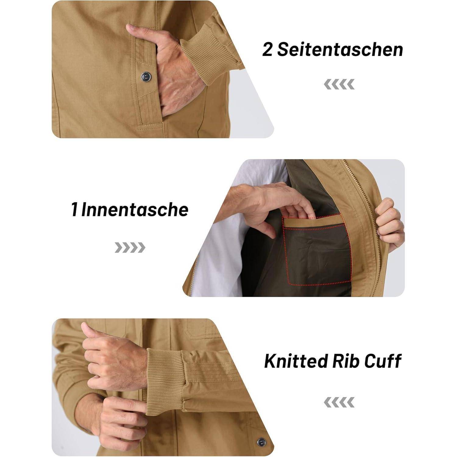Übergangsjacke Herren Stehkragen Cargo Winddicht Taschen XXL Khaki