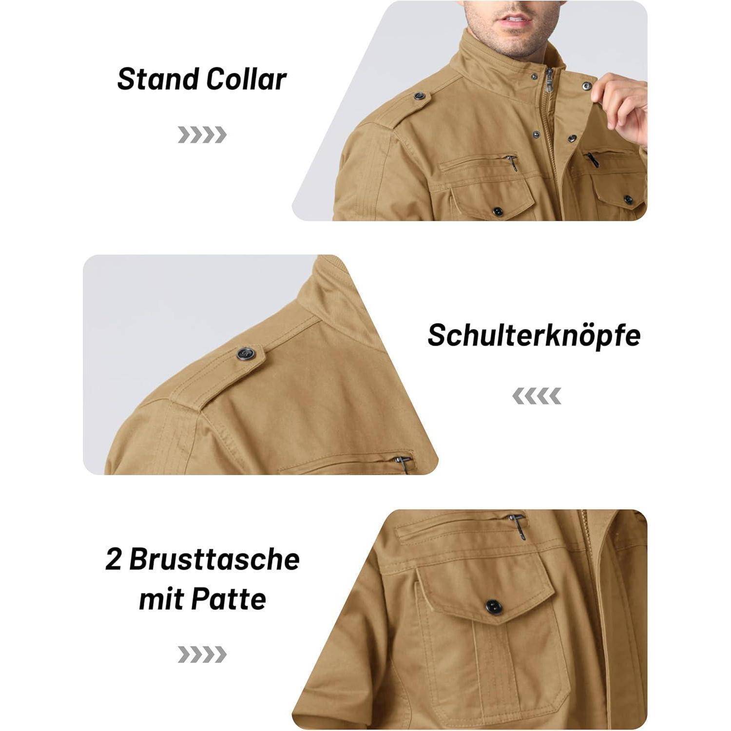 Übergangsjacke Herren Stehkragen Cargo Winddicht Taschen XXL Khaki