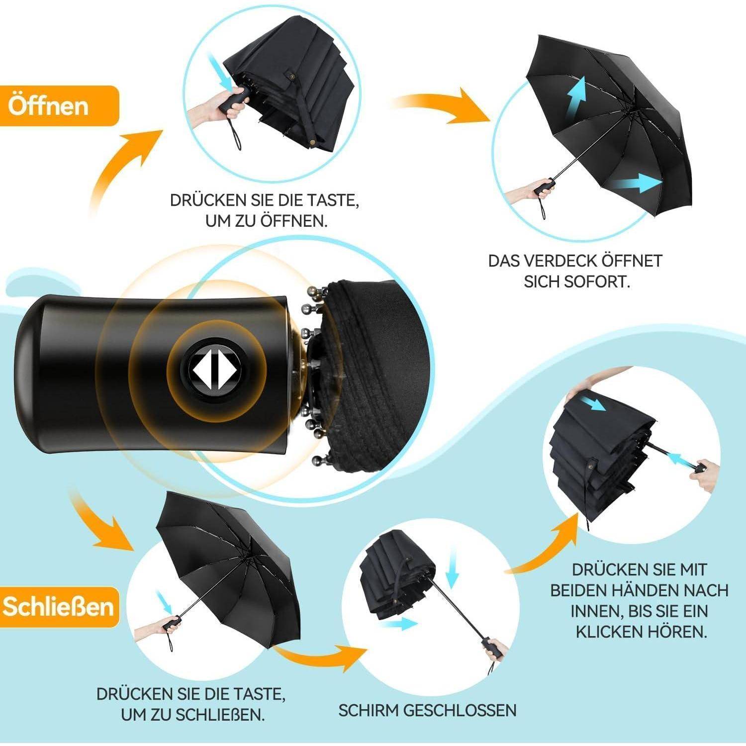 Regenschirm Sturmfest Taschenschirm Automatik Herren Damen schwarz