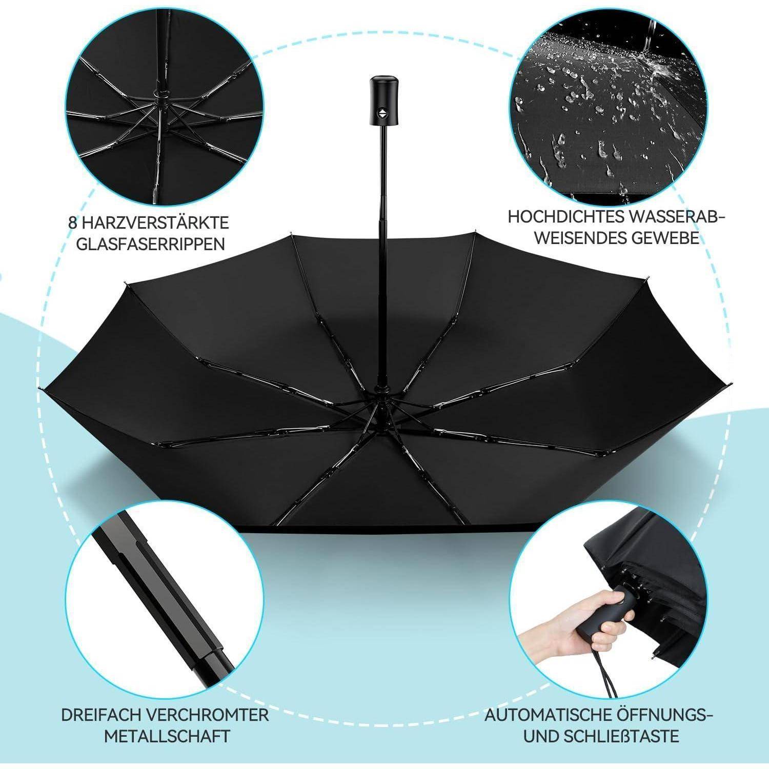Regenschirm Sturmfest Taschenschirm Automatik Herren Damen schwarz