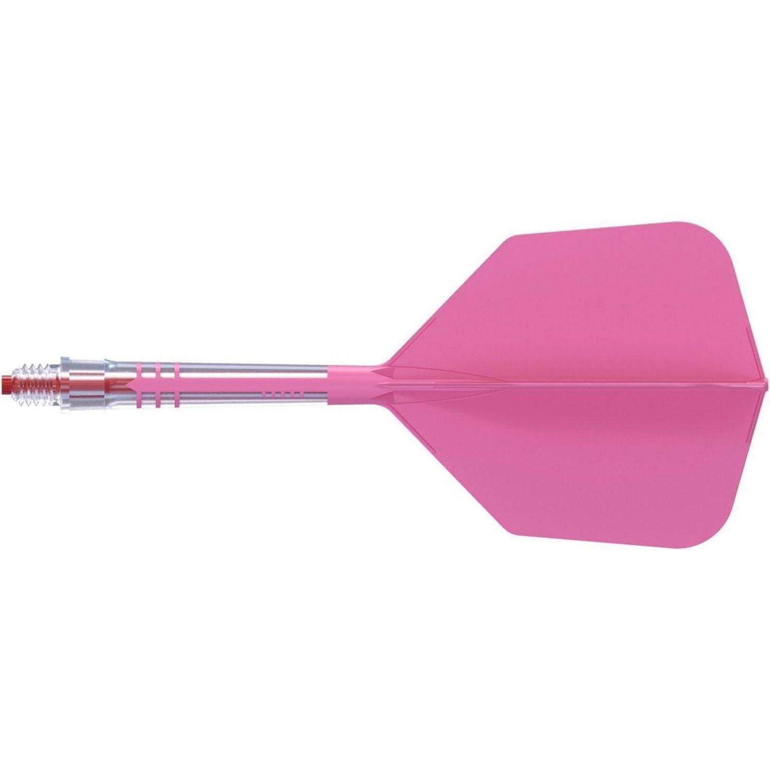 Ein rosa farbener Dart mit transparentem Schaft und spitzer Metallspitze, der für Dartspiele entwickelt wurde.