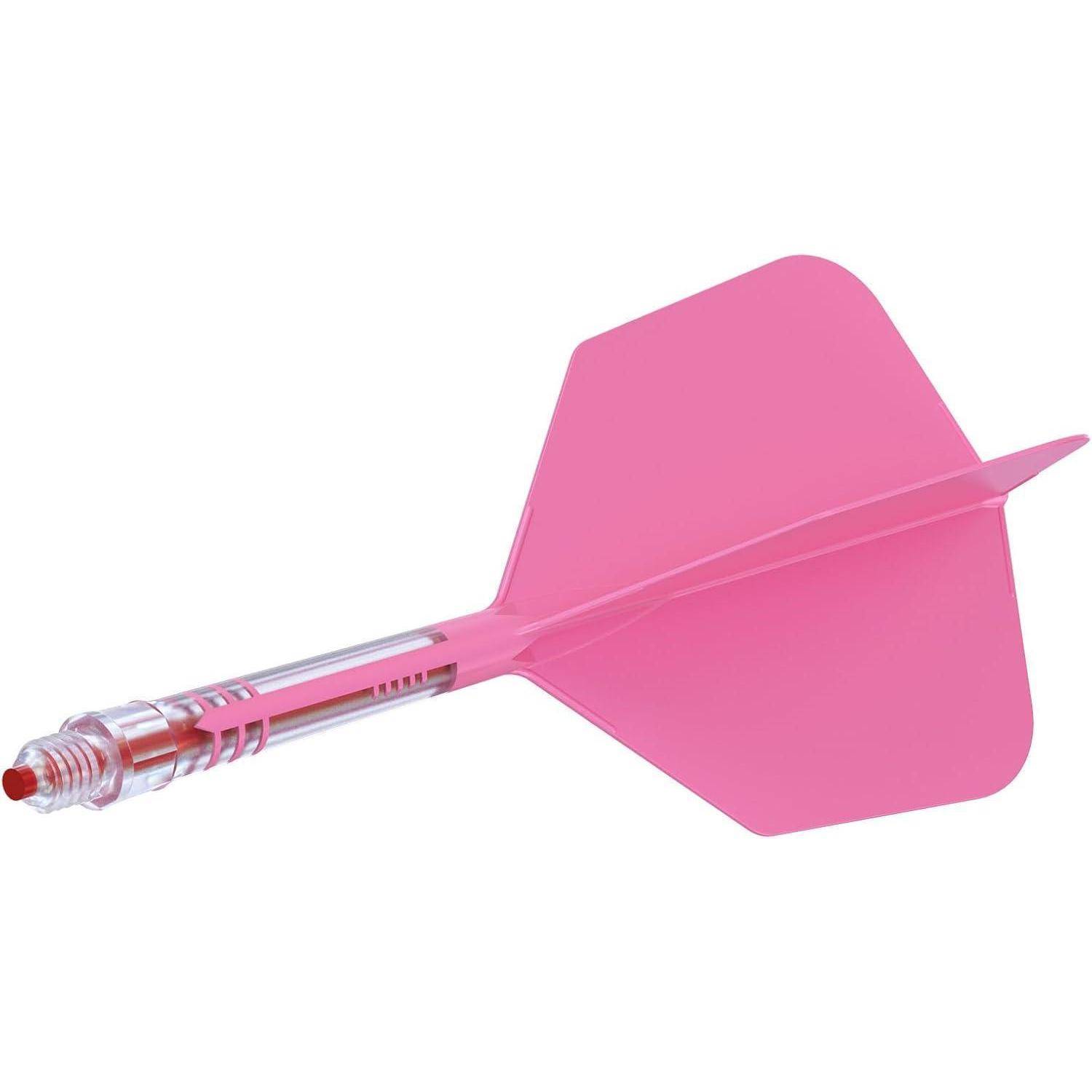 Ein rosa Pfeil mit einem Kunststoffflügel und einer Metallspitze, der vor einem weißen Hintergrund präsentiert wird.