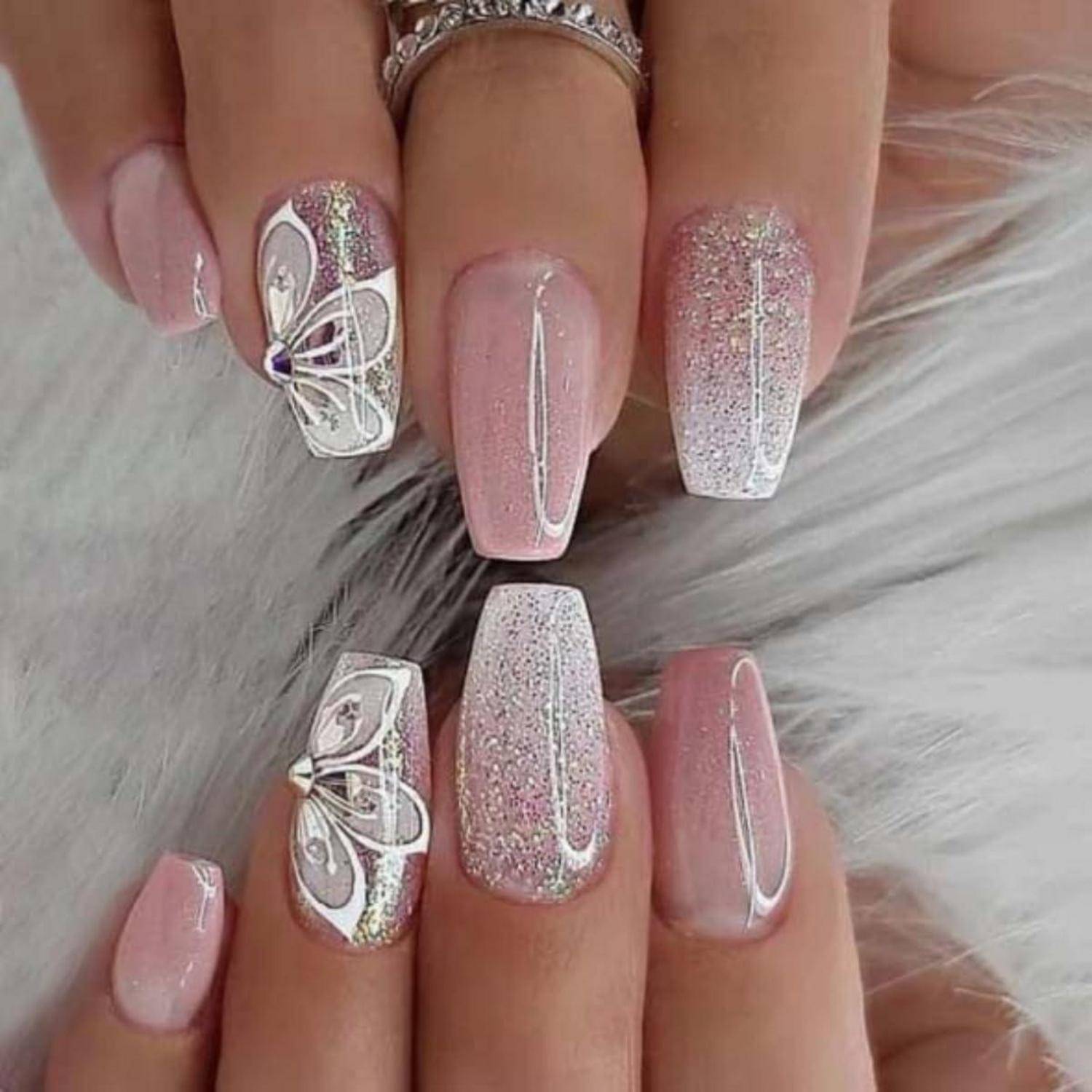 Künstliche Nägel Coffin PressOn Pink Weiß Butterfly 11pink&amp;white3