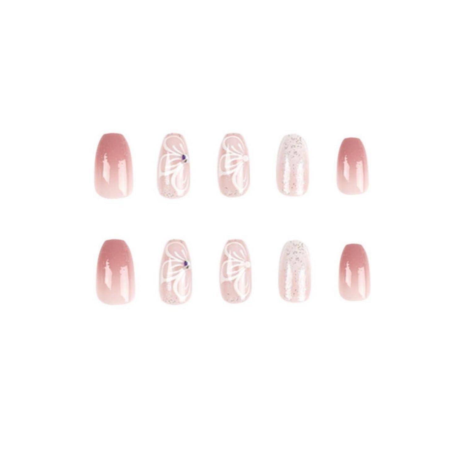 Künstliche Nägel Coffin PressOn Pink Weiß Butterfly 11pink&amp;white3