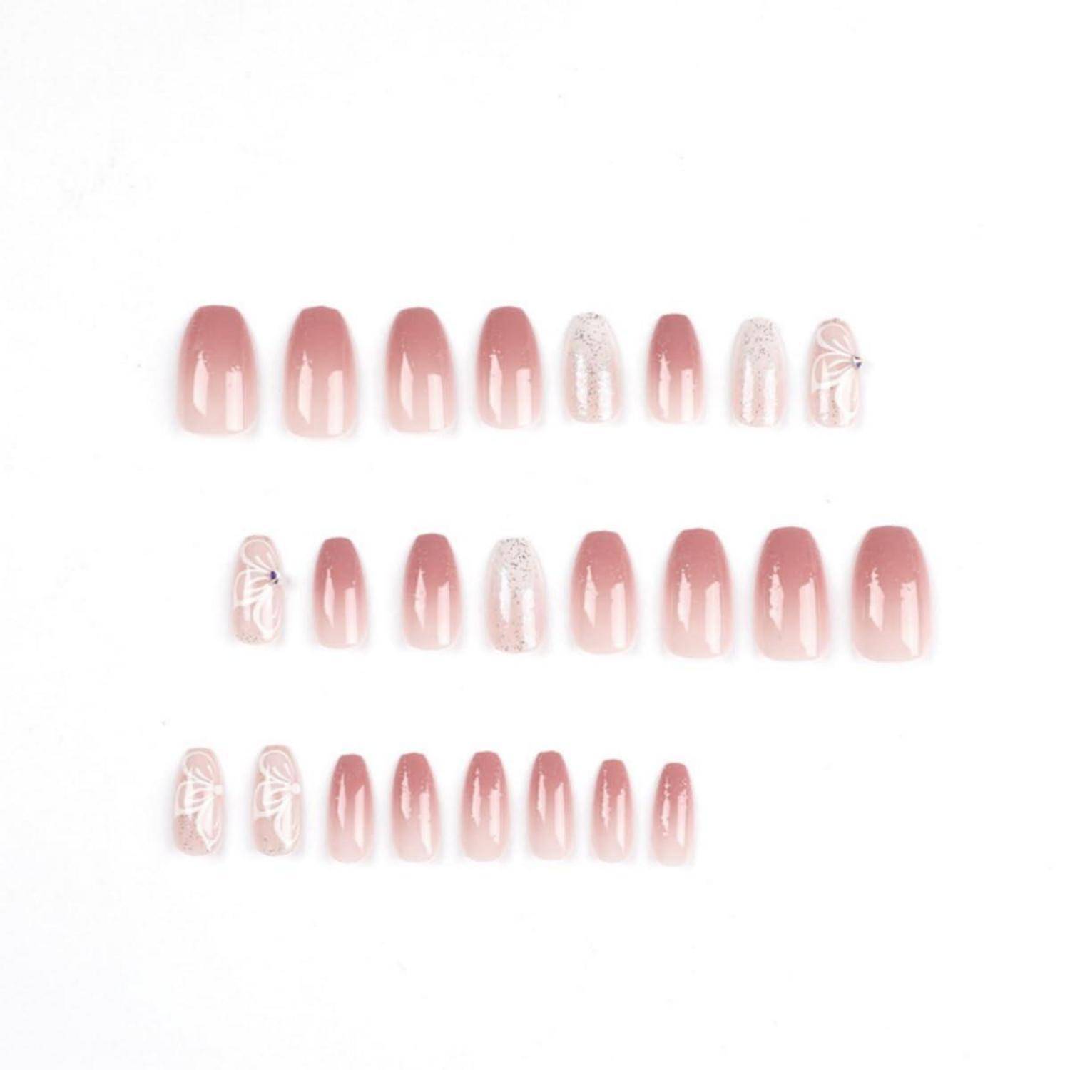 Künstliche Nägel Coffin PressOn Pink Weiß Butterfly 11pink&amp;white3