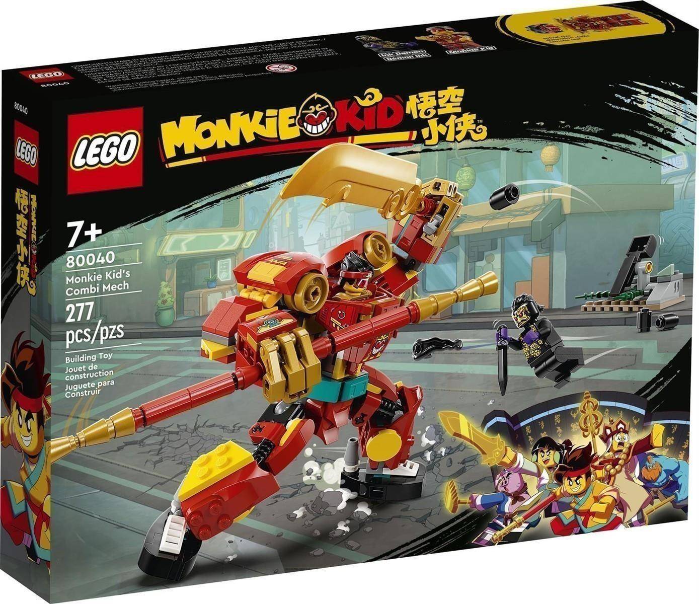 LEGO Monkie Kid Kombi-Mech Set-Box zeigt einen rot-goldenen Mech, der gegen eine Minifigur kämpft, mit der Altersangabe 7+, Set 80040, 277 Teile.