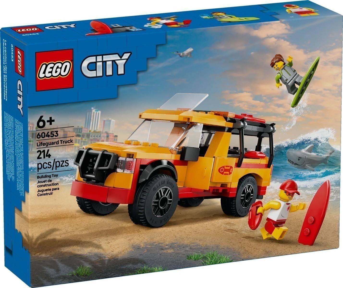 LEGO City Rettungswagen Baukasten mit Verpackung zeigt einen gelb-roten Rettungswagen, zwei Minifiguren, Surfbrett, Hai und 214 Teile für Alter 6+