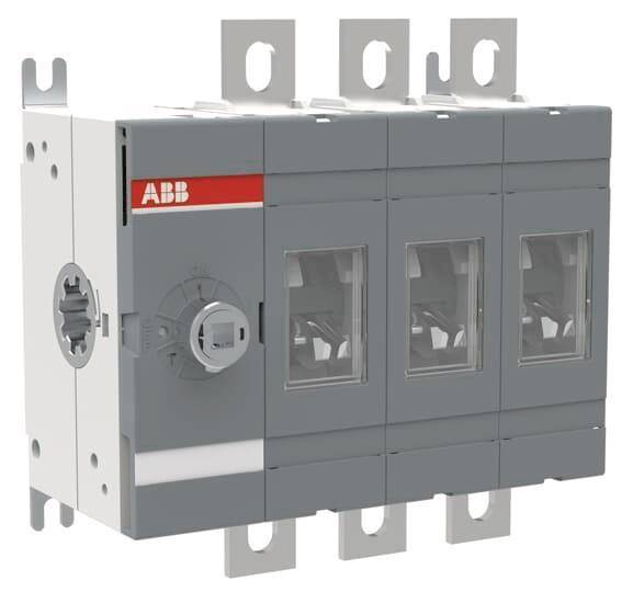 Vierpoliger modularer Schalter mit ABB-Logo, ausgestattet mit einem Drehgriff und transparenten Fenstern, verwendet zur elektrischen Schaltkreisverwaltung.