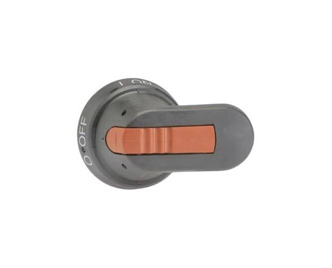 Ein grauer Drehschalter mit einem roten Griff, links mit 