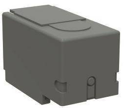 Eine graue rechteckige elektronische Komponente mit einem kleinen Knopf oder Deckel oben, wahrscheinlich Teil eines größeren Geräts oder Systems.