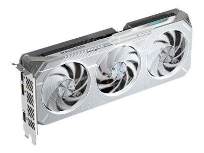 Eine weiße Grafikkarte mit drei großen Kühlventilatoren, die an ihrer Seite mit 'Radeon' beschriftet ist und für die Verbesserung der Computer-Grafikleistung entwickelt wurde.