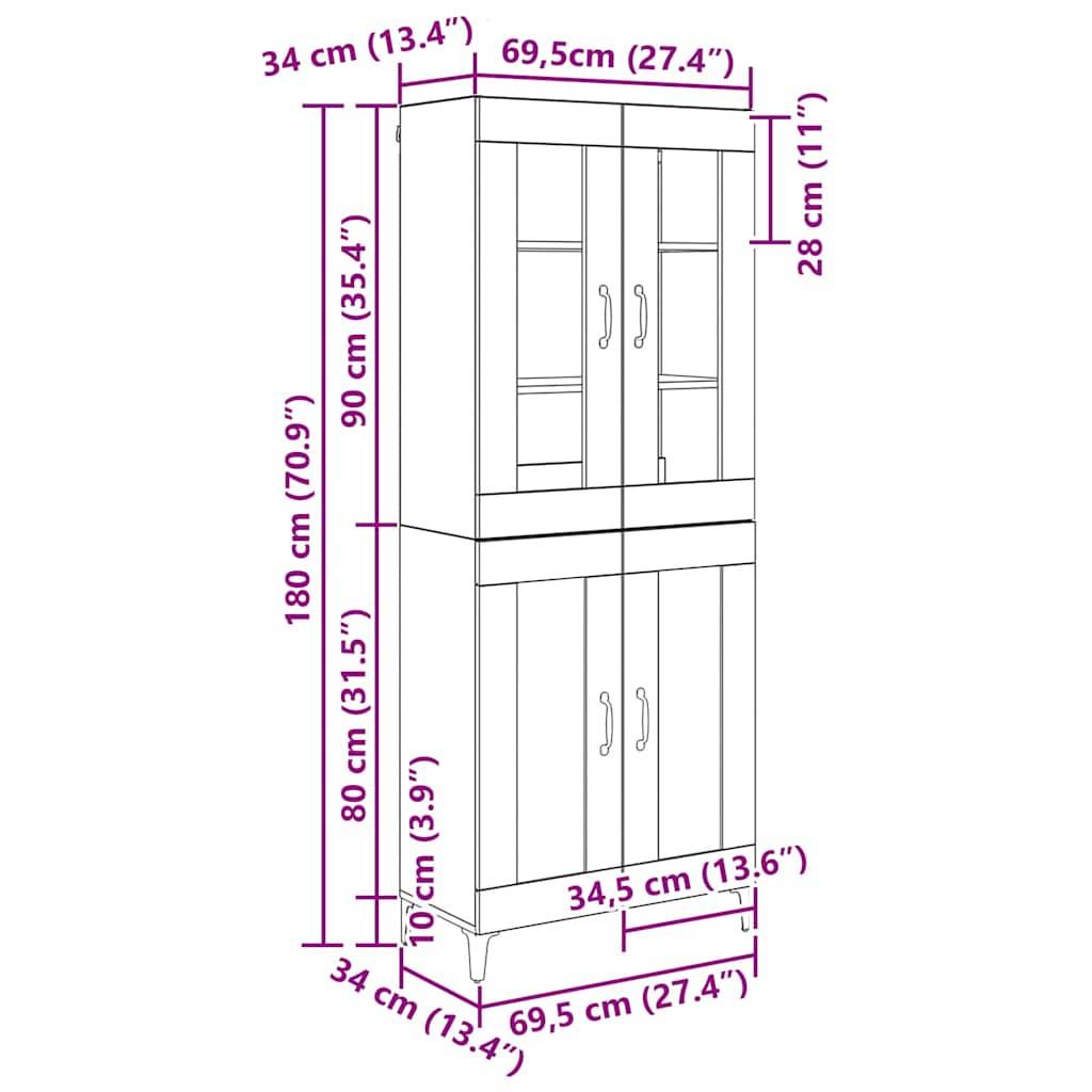 Diagramm eines Schranks mit Abmessungen: 180 cm hoch, 69,5 cm breit und 34 cm tief. Zeigt verschiedene Kompartment-Maße in Zentimetern.