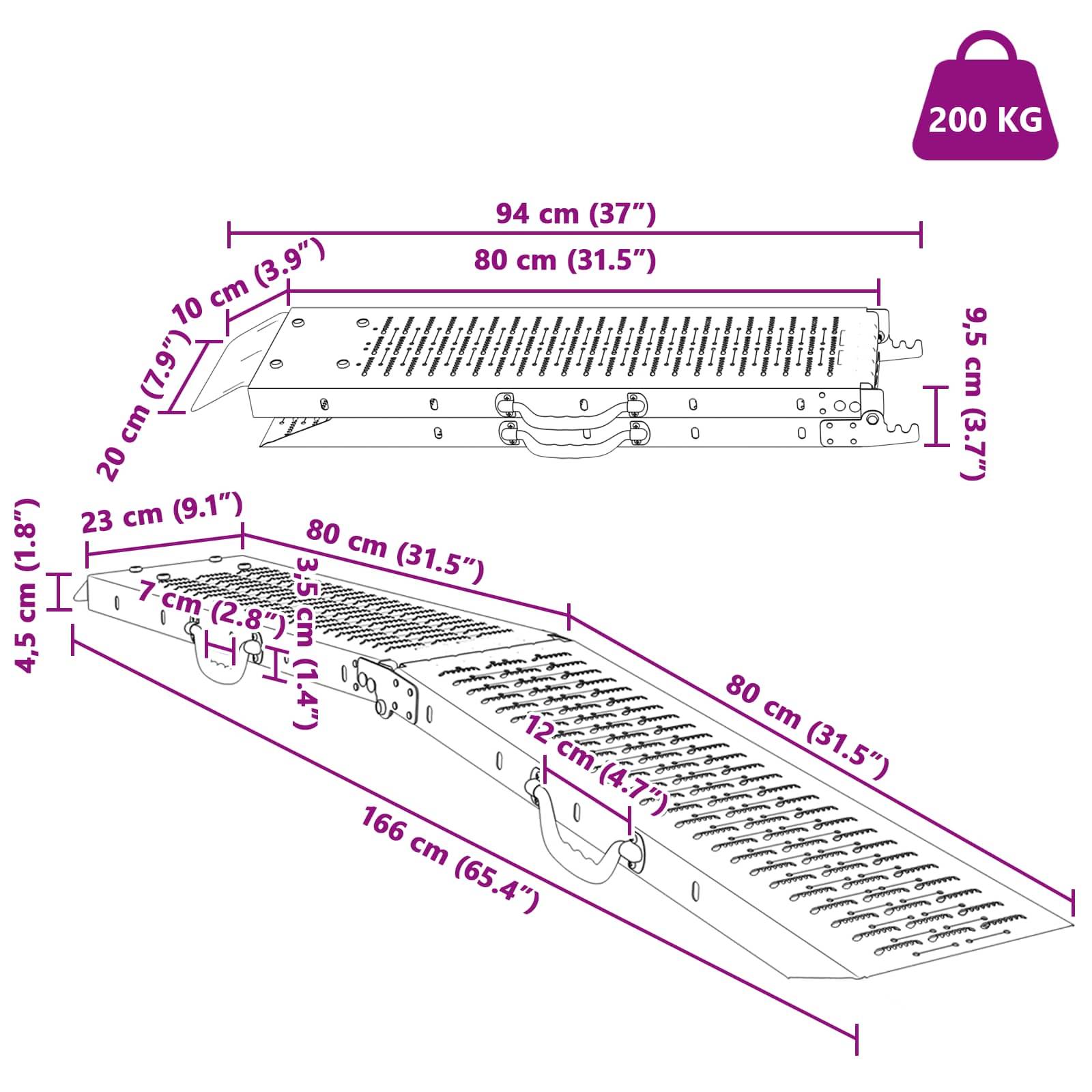 Eine Klapprampe mit Abmessungen: 166 cm Länge, 80 cm Breite und 4,5 cm Dicke. Tragfähigkeit: 200 kg. Ausgestattet mit Griffen für einfache Transportierbarkeit.