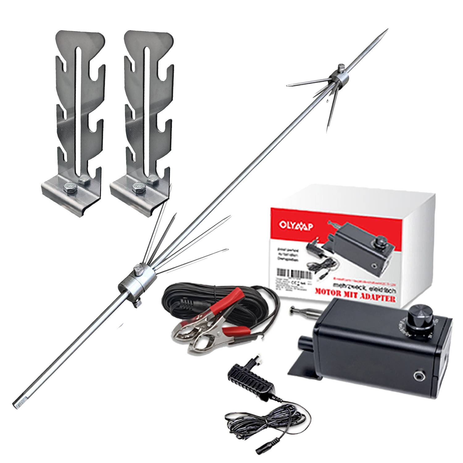 Vertikalantenne-Set mit Klammern, Kabeln und Adapterbox für Radioinstallation. Enthält Halterungen zur Befestigung der Antenne.