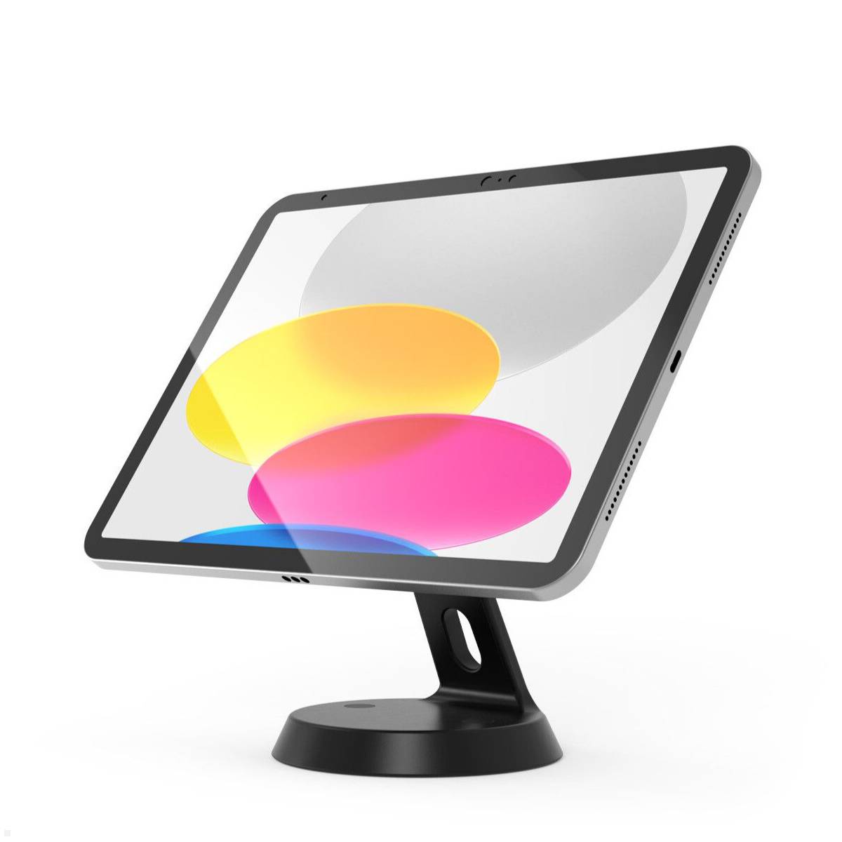 Ein Tablet mit einem farbenfrohen abstrakten Hintergrund, der sich überlappende Kreise in Gelb, Rosa und Blau zeigt, auf einem schwarzen Ständer.