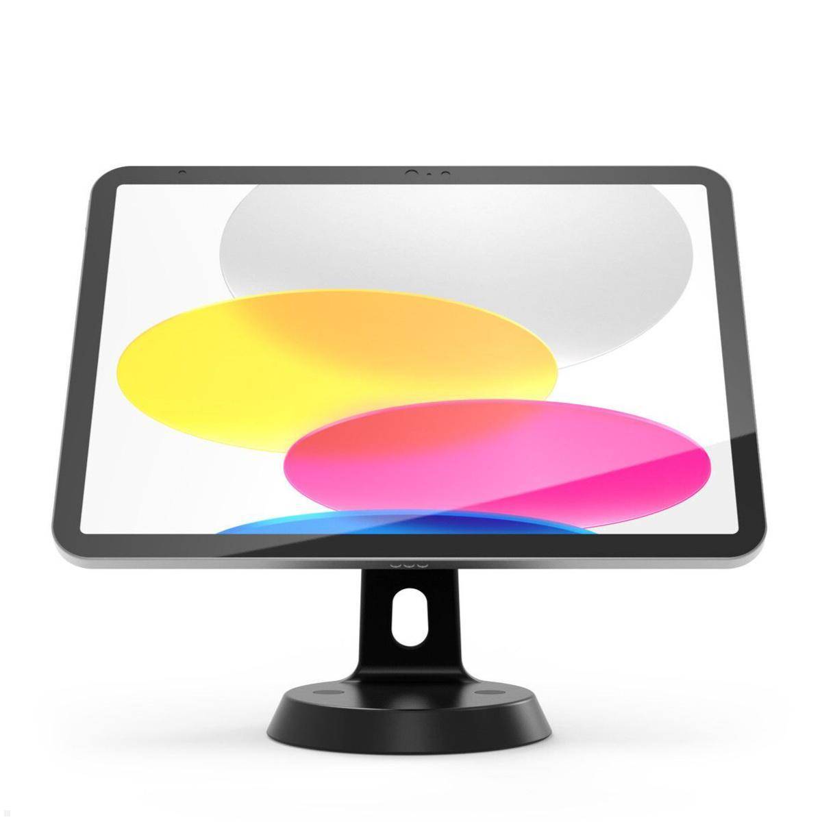 Ein Computermonitor zeigt abstrakte, farbenfrohe ovale Formen in Weiß, Gelb, Rosa und Blau, die sich auf einem glänzenden Bildschirm überlappen.