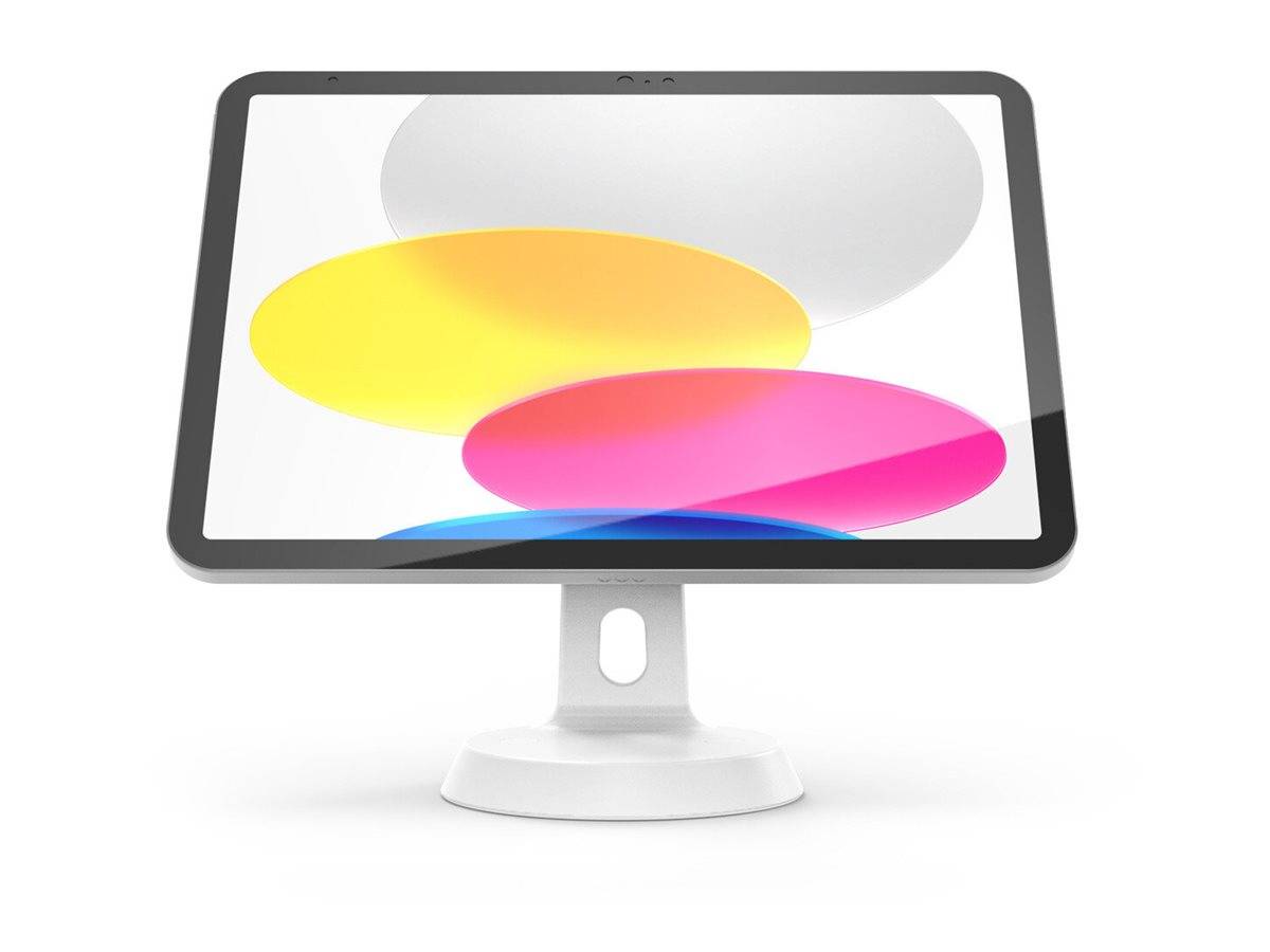 Stilisierter Desktopmonitor auf weißem Ständer, der sich überlappende gelbe, rosa, blaue und graue Ovalformen auf einem weißen Bildschirm anzeigt.