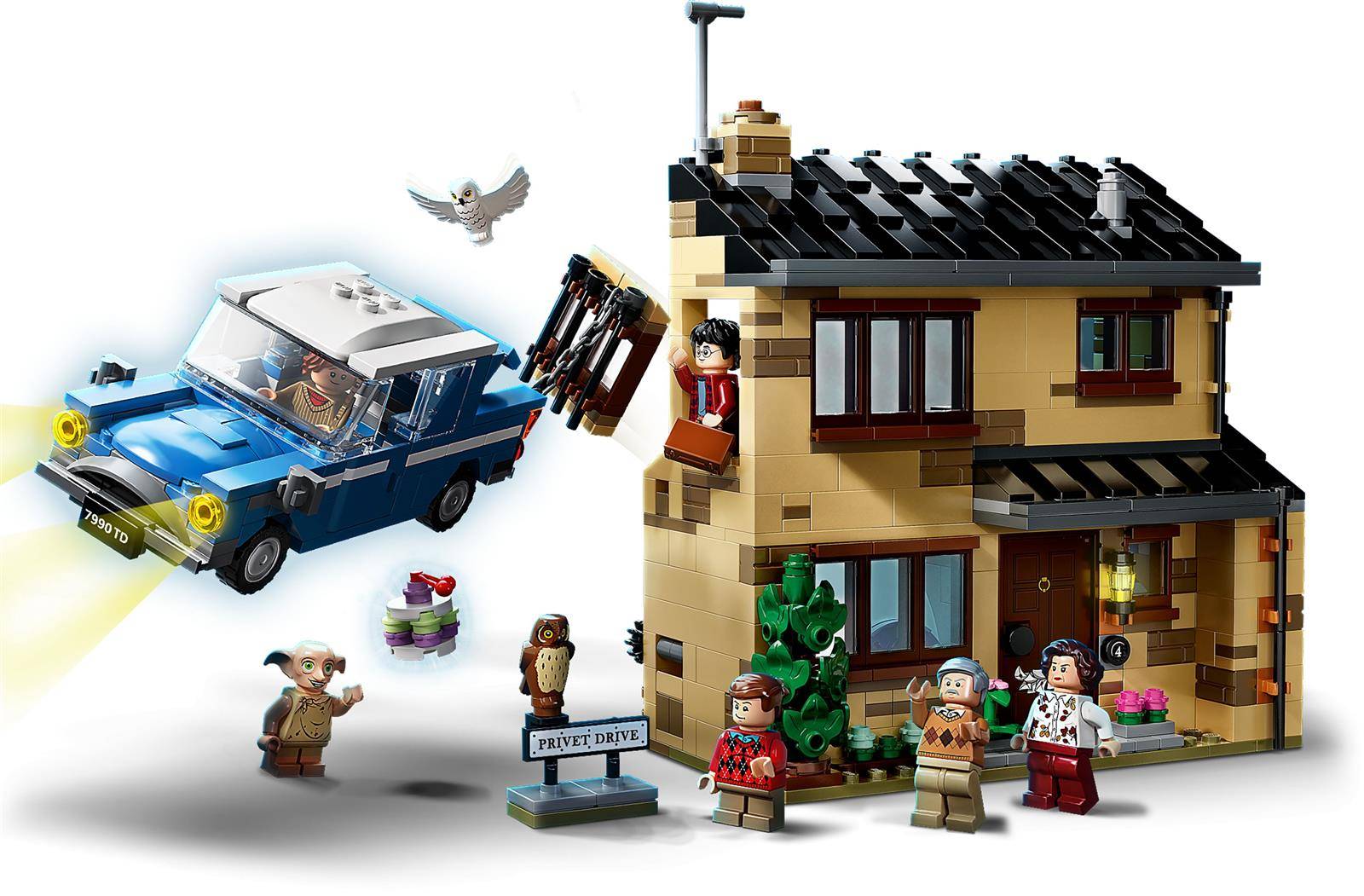 Lego-Szene, die ein fliegendes Auto, ein zweistöckiges Haus mit dem Schild „Privet Drive