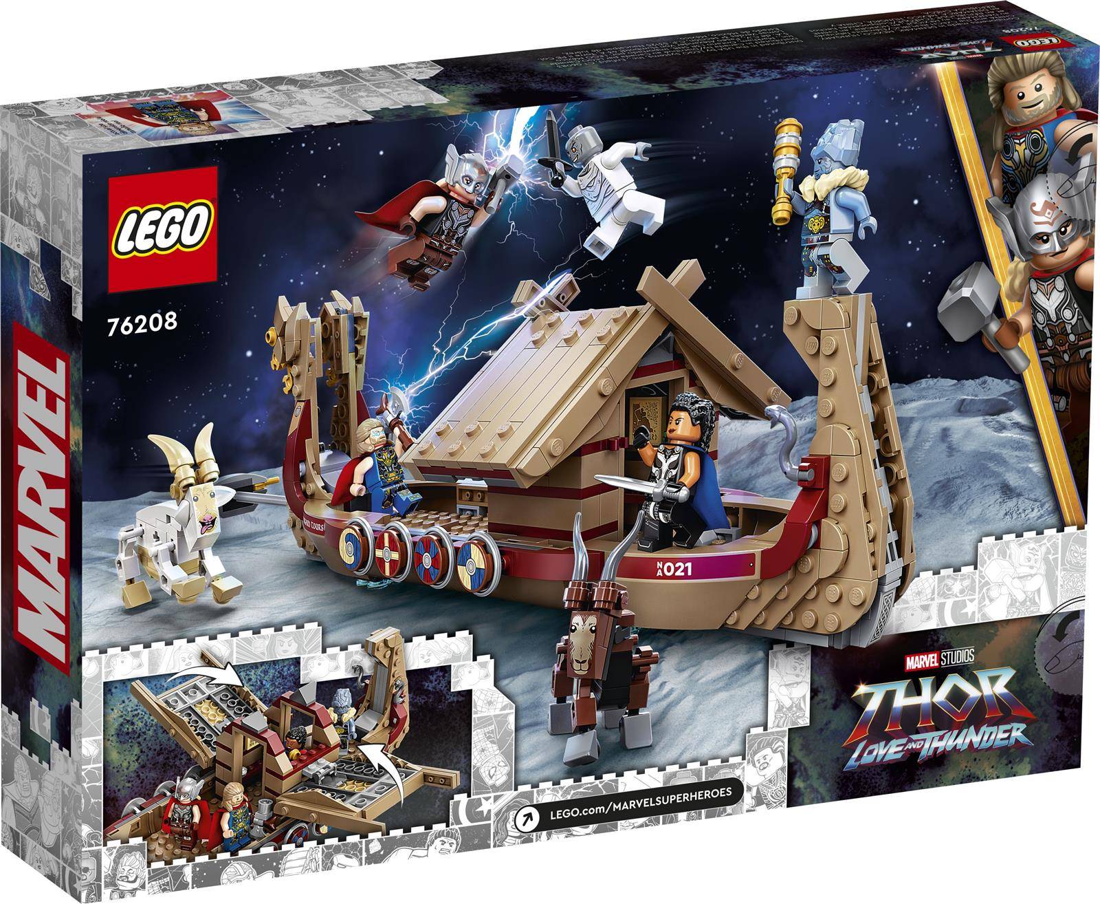 LEGO Marvel Studios Thor: Liebe und Donner Set enthält Thor, die Guardians und ein Wikingerschiff mit aus Steinen gebauten Figuren und Requisiten.