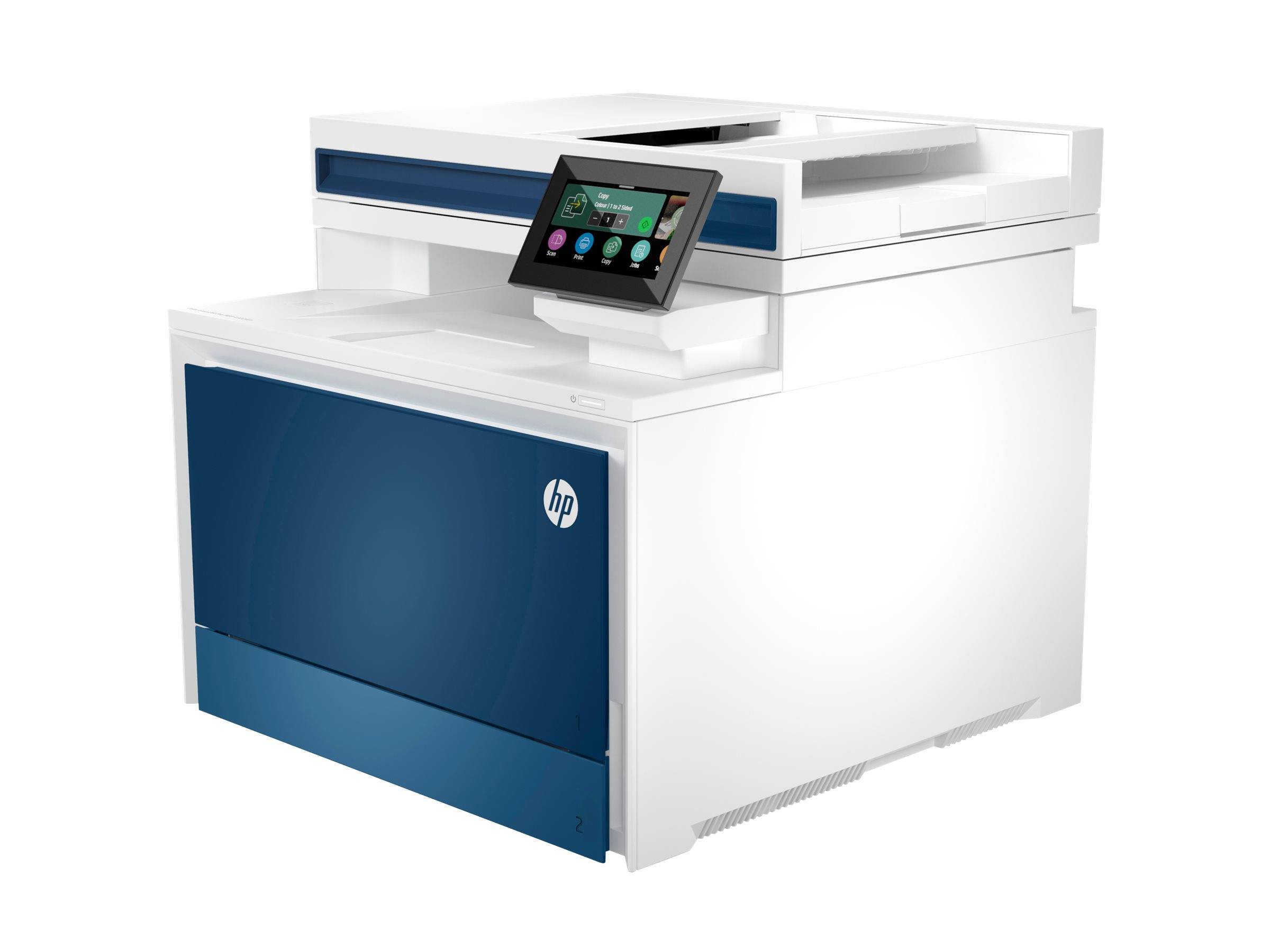 Ein weißer und blauer multifunktionaler HP-Drucker mit Touchscreen-Bedienoberfläche, der zum Drucken, Scannen und Kopieren von Dokumenten verwendet wird.