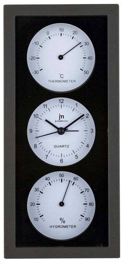 Ein schwarzer Rahmen zeigt drei vertikal ausgerichtete analoge Messinstrumente: ein Thermometer oben, eine Uhr in der Mitte und ein Hygrometer unten.