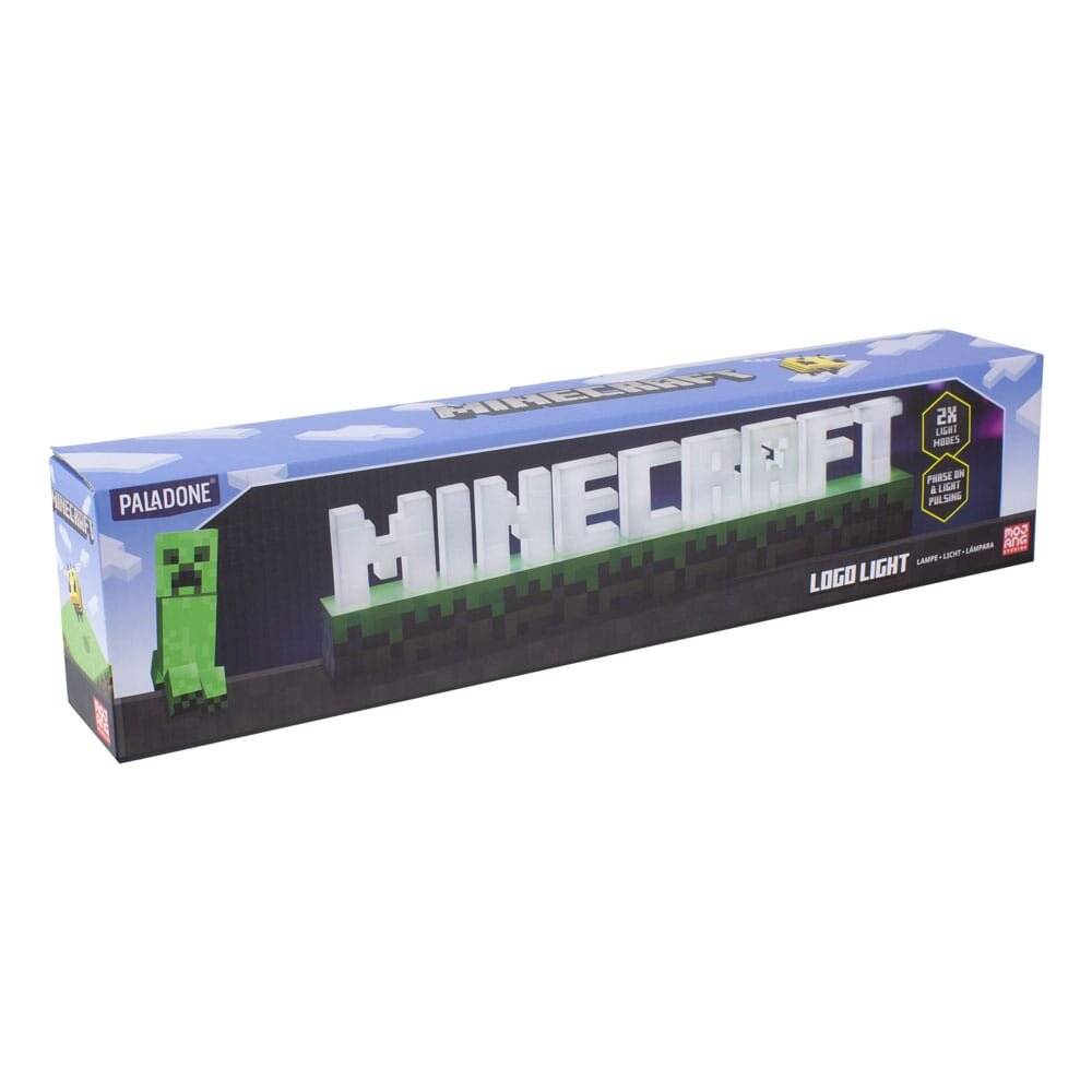 Eine Produktverpackung mit einem 'Minecraft' Logo-Licht, auf deren Seite ein Creeper-Charakterbild zu sehen ist. Beschrieben als ein 3D-Licht-Logo für Fans.