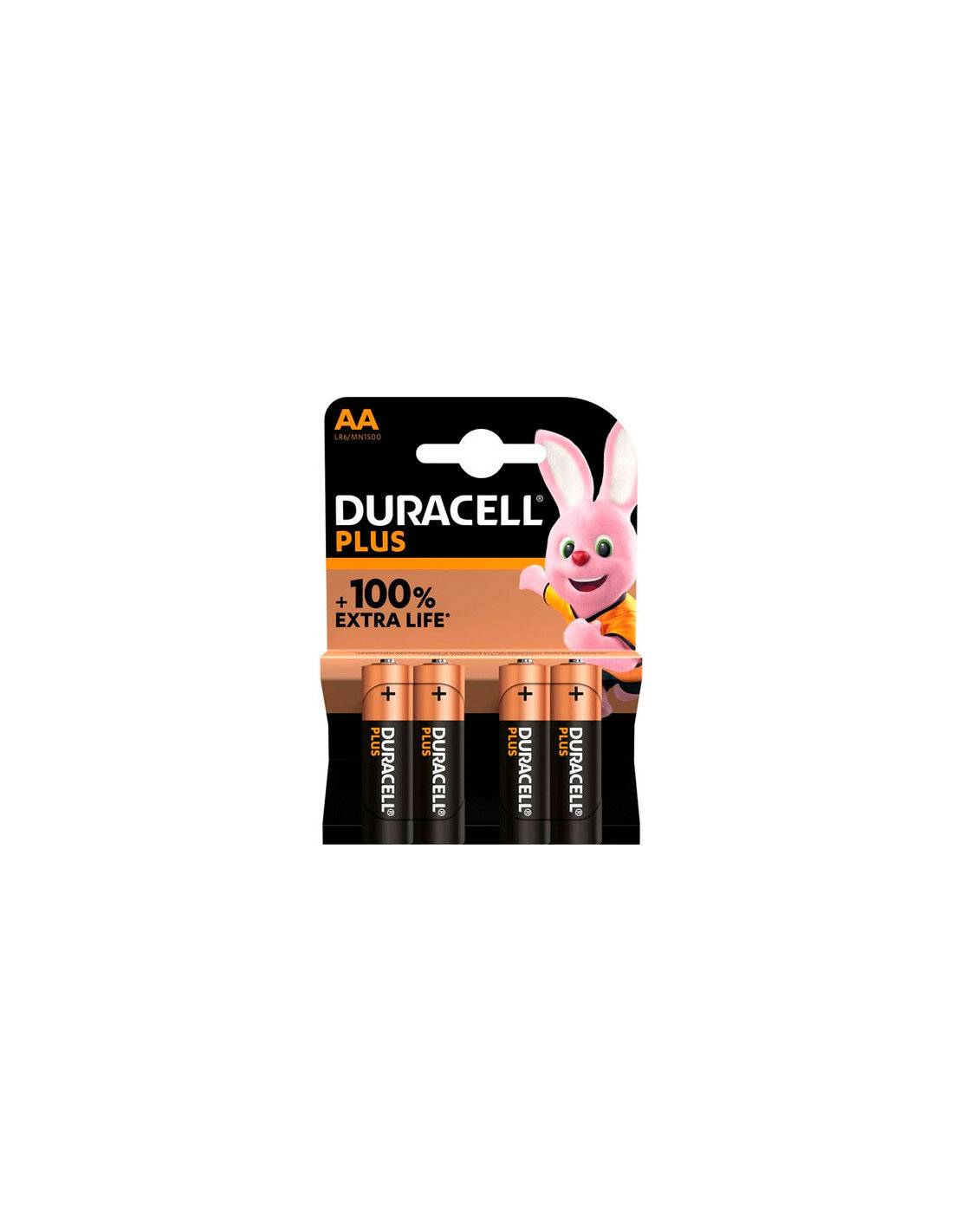 Duracell Plus AA Batterien-Packung mit vier Batterien und einem pinken Hasen als Maskottchen. Die Packung wirbt mit '+100% extra Lebensdauer*'.