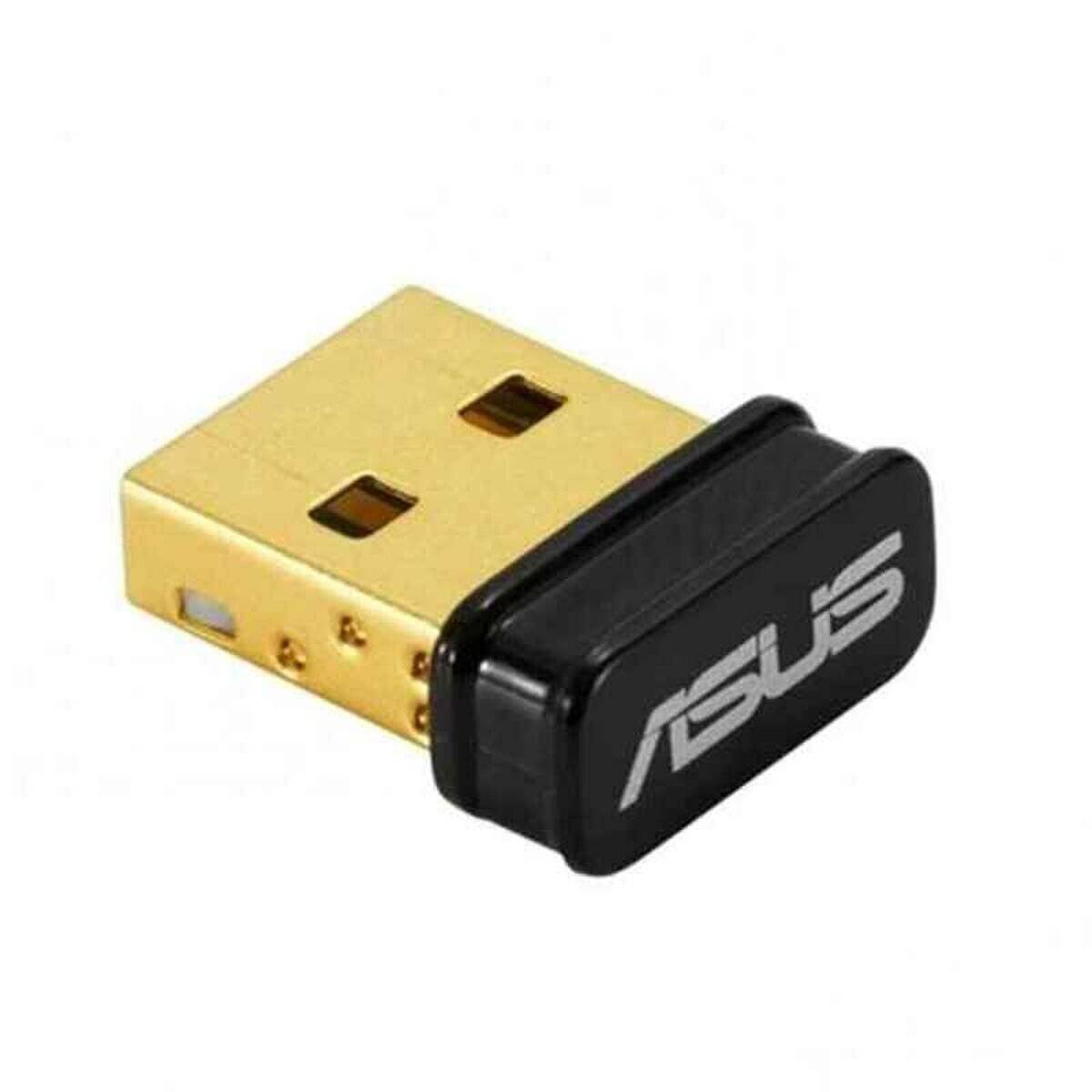 Ein kompakter USB-Drahtlosnetworkadapter mit einem goldenen Anschluss und schwarzem Gehäuse, das ein Markenlogo trägt, der drahtlosen Internetzugang ermöglicht.