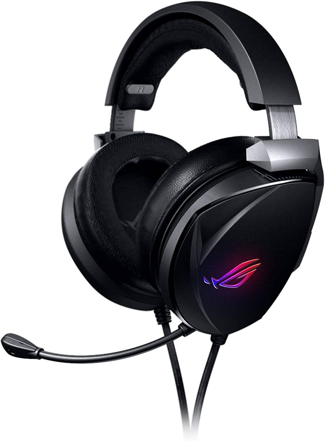 Gaming-Headset mit Mikrofon und RGB-Beleuchtung auf den Ohrmuscheln in elegantem Schwarz.