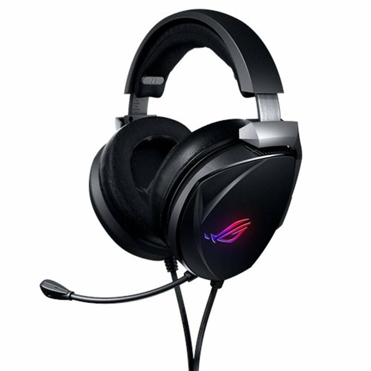 Gaming-Headset mit schwarzen Ohrmuscheln und einem flexiblen Mikrofon, mit beleuchtetem Logo an der Seite und gepolstertem Kopfbügel für Komfort.