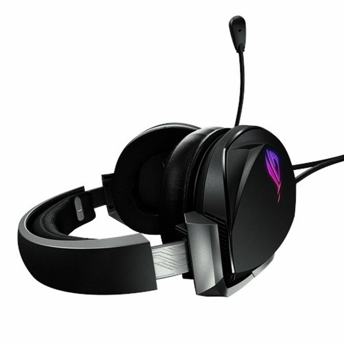 Ein schwarzes Gaming-Headset mit Mikrofon, ausgestattet mit einem leuchtenden Logo auf der Ohrmuschel.