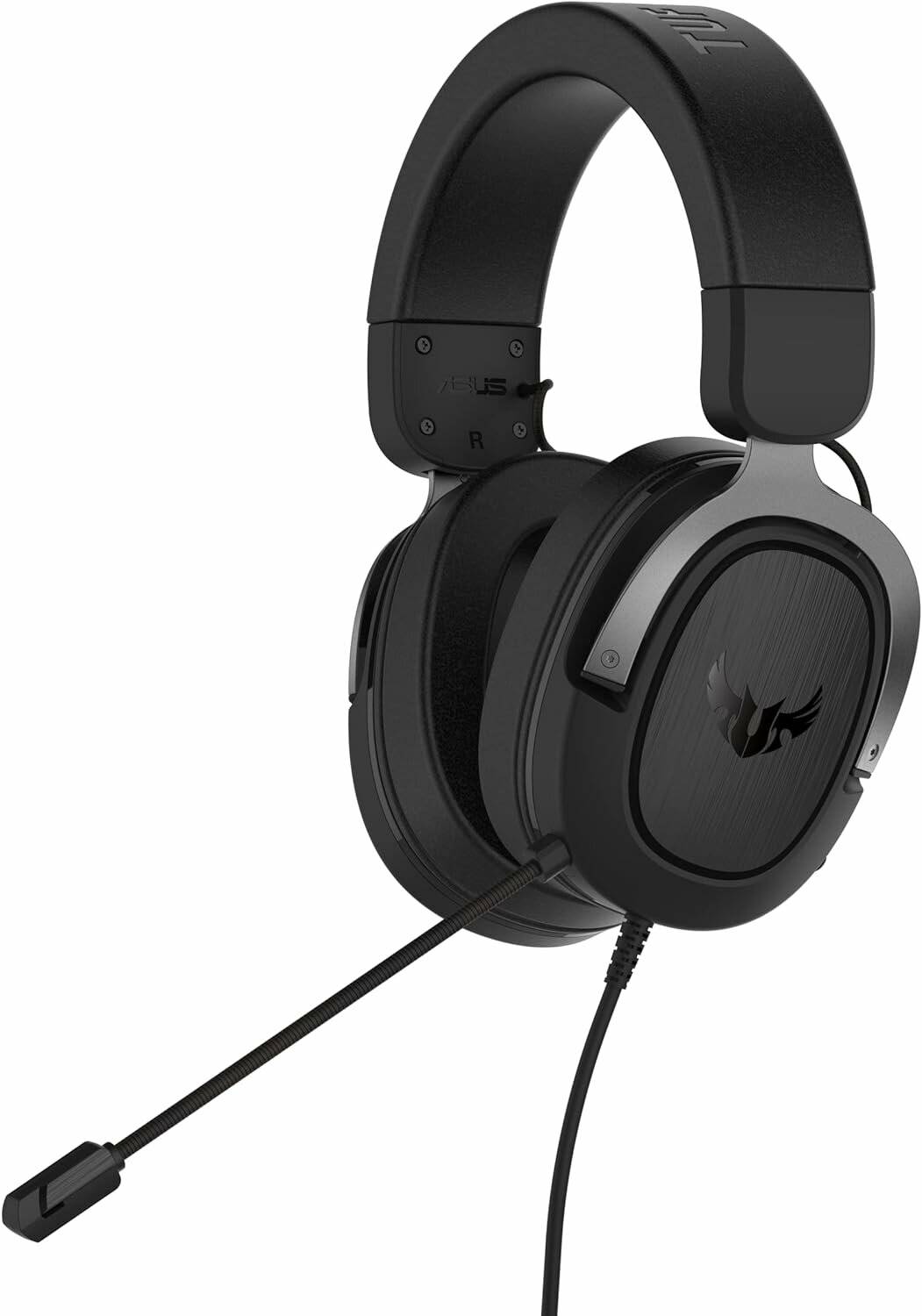 Schwarzer Gaming-Headset mit elegantem Design und gepolsterten Ohrmuscheln, ausgestattet mit einem Mikrofonarm und USB-Kabel zur Verbindung.