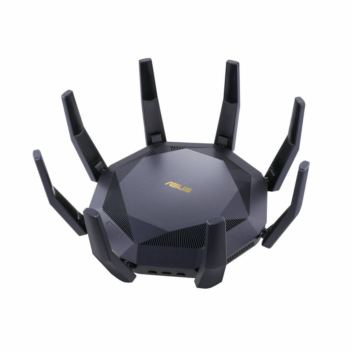 Ein schlanker, schwarzer ASUS-WLAN-Router mit mehreren Antennen, der einem spinnenartigen Design ähnelt und seine modernen technologischen Merkmale betont.