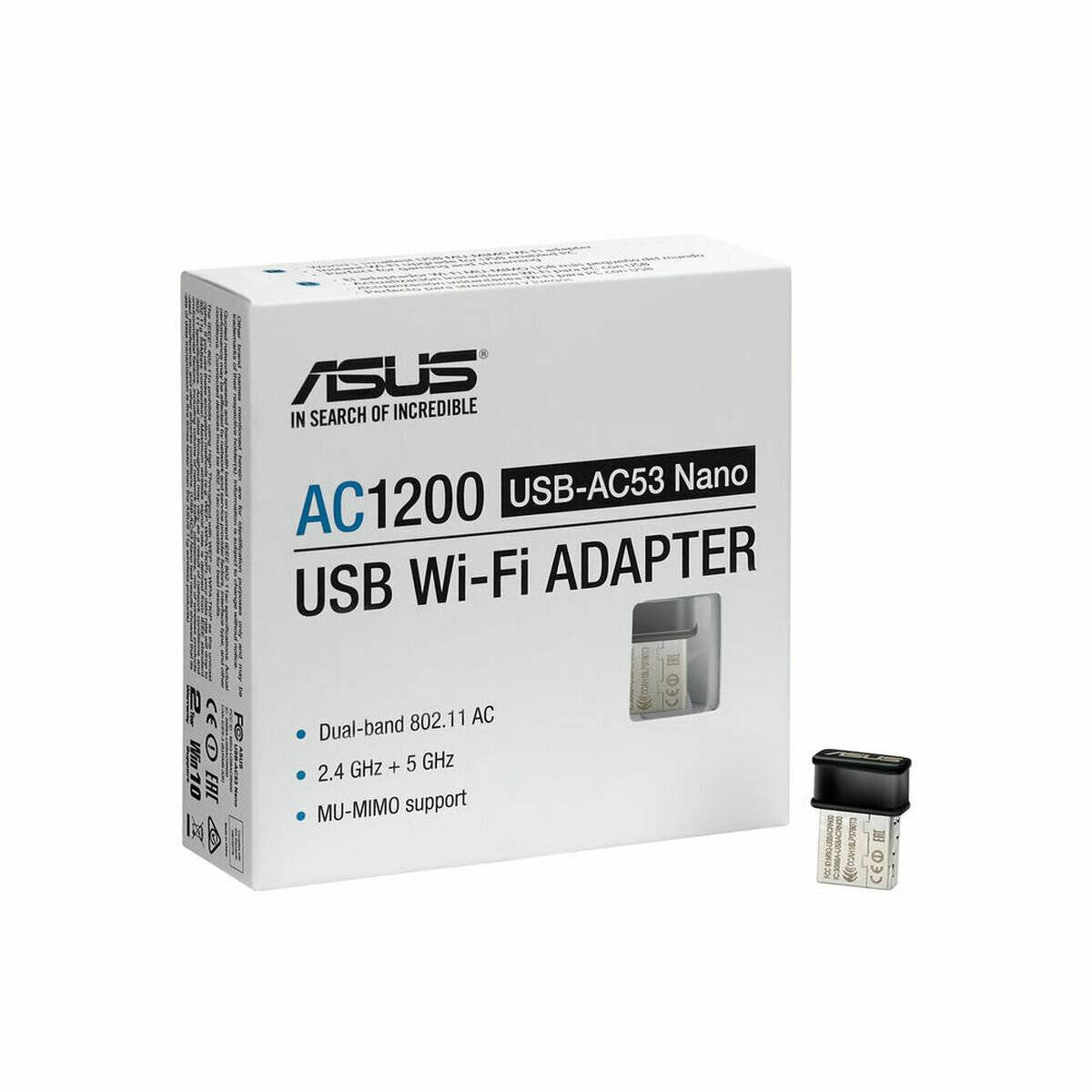 ASUS USB-AC53 Nano' USB-WLAN-Adapter-Verpackung, die Dual-Band, 802.11 AC, 2,4 GHz und 5 GHz Frequenzen sowie MU-MIMO-Unterstützung zeigt.