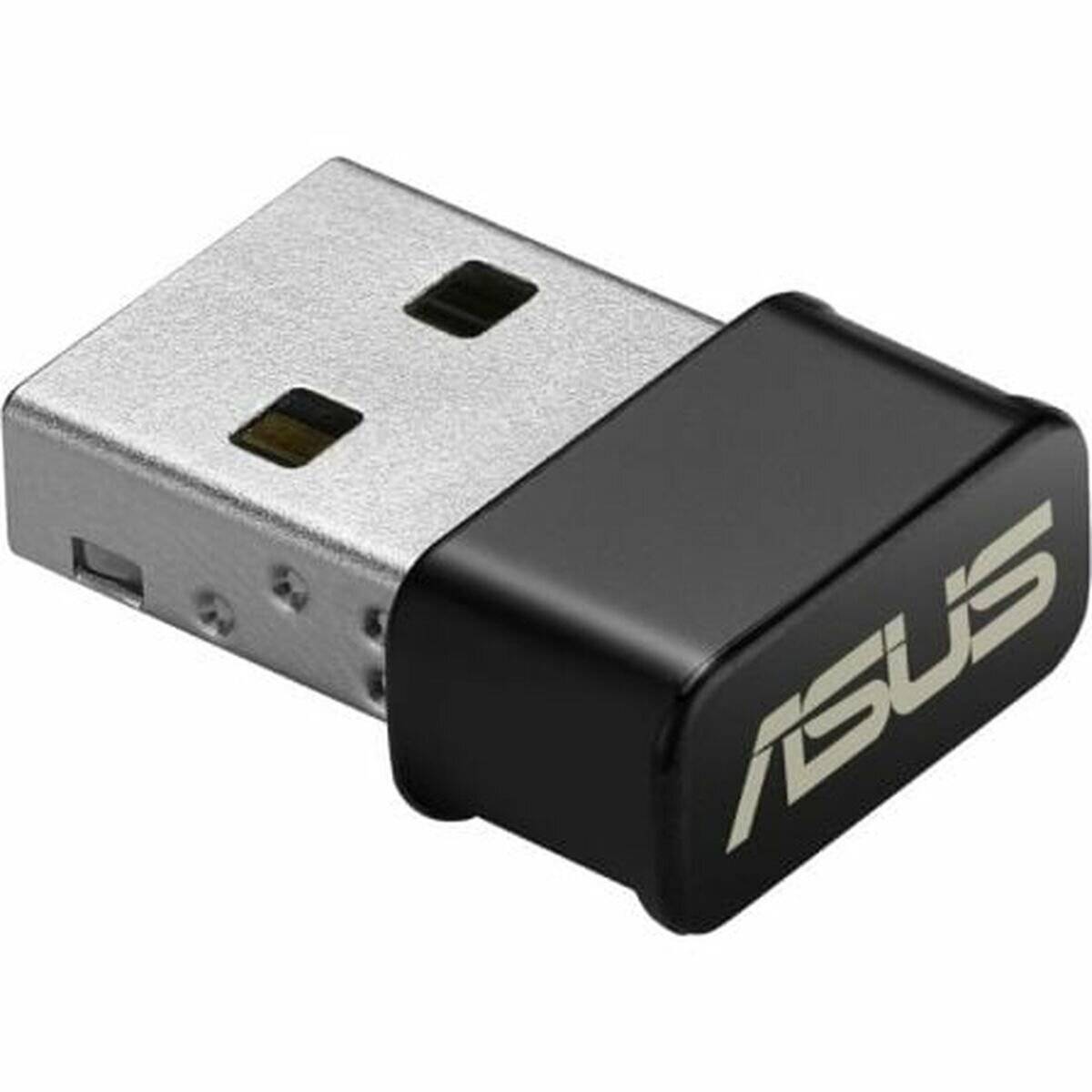 Kompakter USB-Adapter mit schwarzem Gehäuse und 'ASUS' Logo, verwendet zum Verbinden von Geräten mit drahtlosen Netzwerken.