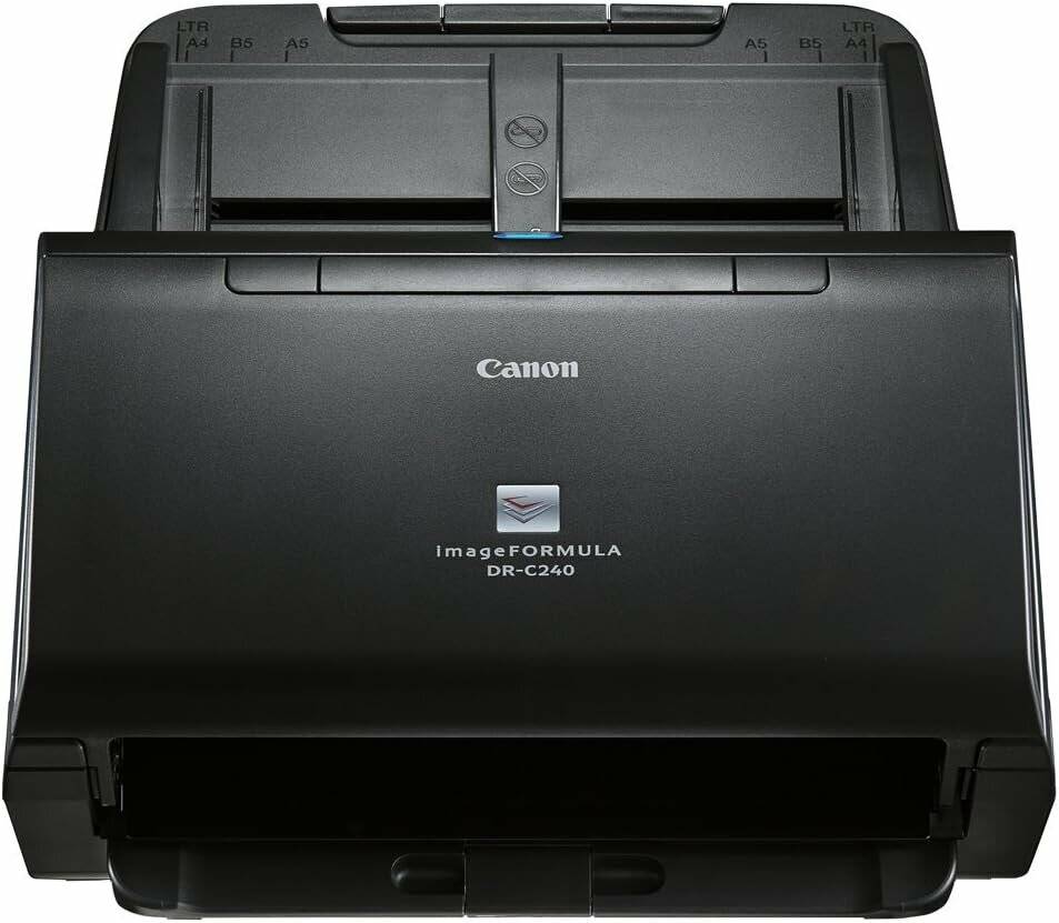 Canon imageFORMULA DR-C240 Scanner von vorne betrachtet, mit Papierzuführung und Bedienfeld, entwickelt für das Dokumentenscannen.