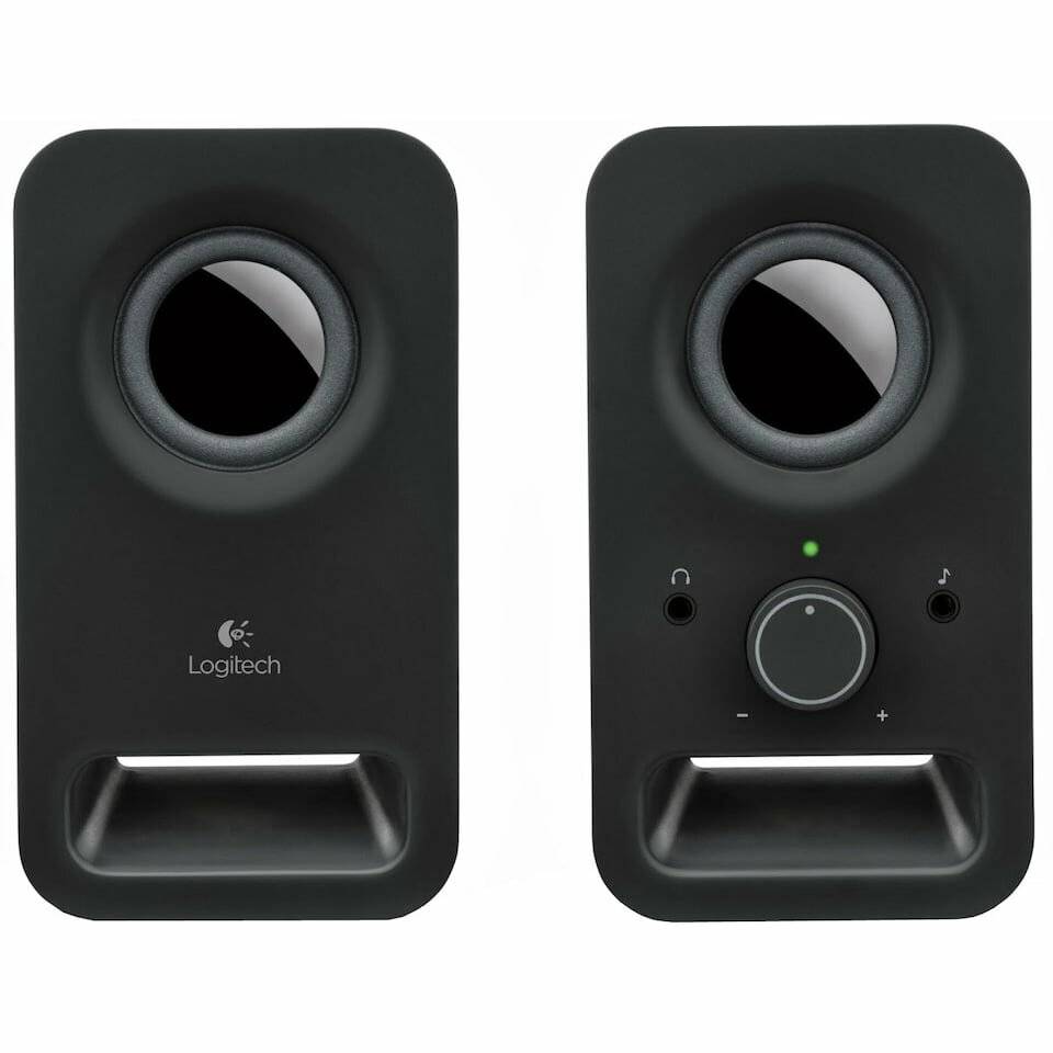 Zwei schwarze Logitech Desktop-Lautsprecher mit Lautstärkeregler und Kontrollknöpfen. Dezente Markierung ist auf einem der Lautsprecher sichtbar.