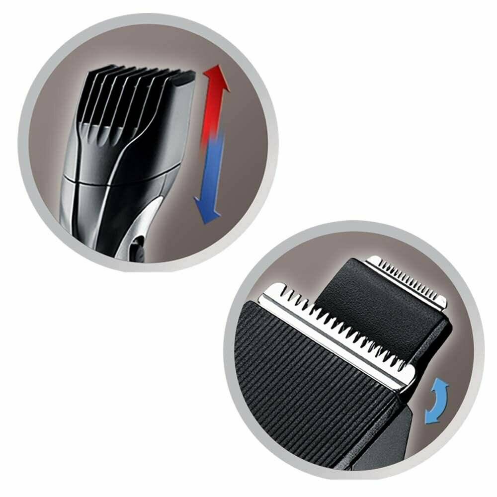 Zwei Nahaufnahmen eines elektrischen Haartrimmers: Ein Bild zeigt den einstellbaren Kamm mit roten Pfeilen nach oben und blauen Pfeilen nach unten; das andere Bild zeigt den abnehmbaren Klingenaufsatz mit einem blauen Kreispfeil.