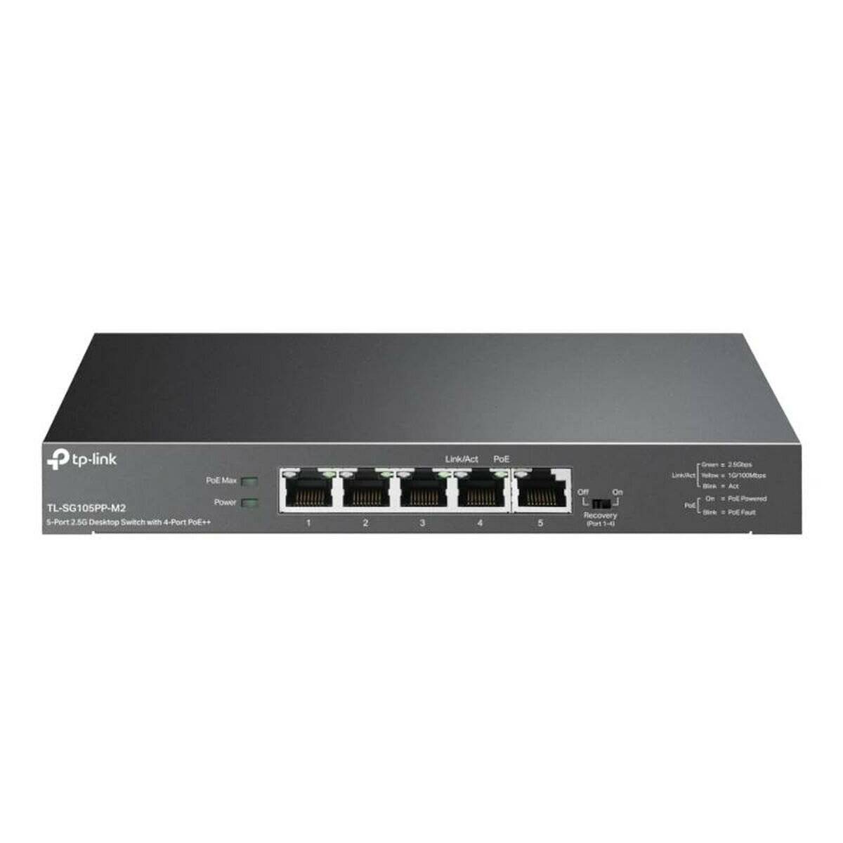 Ein schwarzer TP-Link Netzwerk-Switch mit fünf Ethernet-Ports an der Vorderseite, von 1 bis 5 beschriftet. LED-Anzeigen für Stromversorgung, Aktivität und Portstatus.
