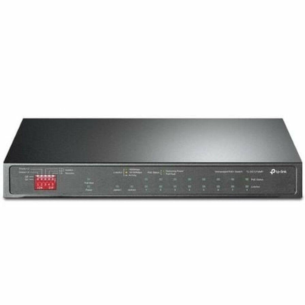 Ein Netzwerk-Switch mit mehreren Anzeigenlichtern und einem roten Anzeigefeld auf der linken Seite. Geeignet für die Verwaltung von Netzwerkverbindungen.