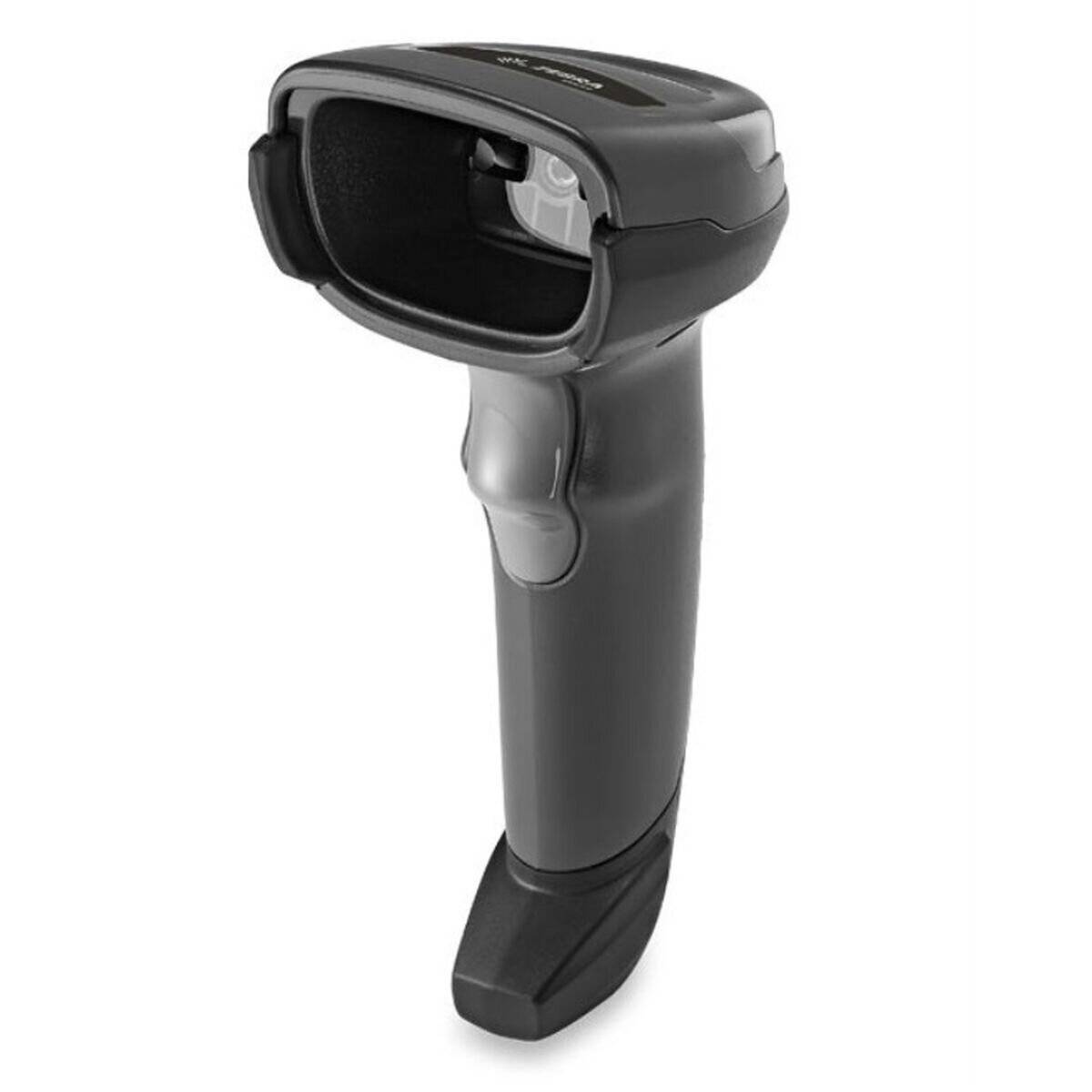Ein tragbarer Barcode-Scanner mit elegantem Schwarz-Grau-Design, ausgestattet mit einem Auslöseknopf zum Scannen von Barcodes in einem Einzelhandels- oder Lagersetting.