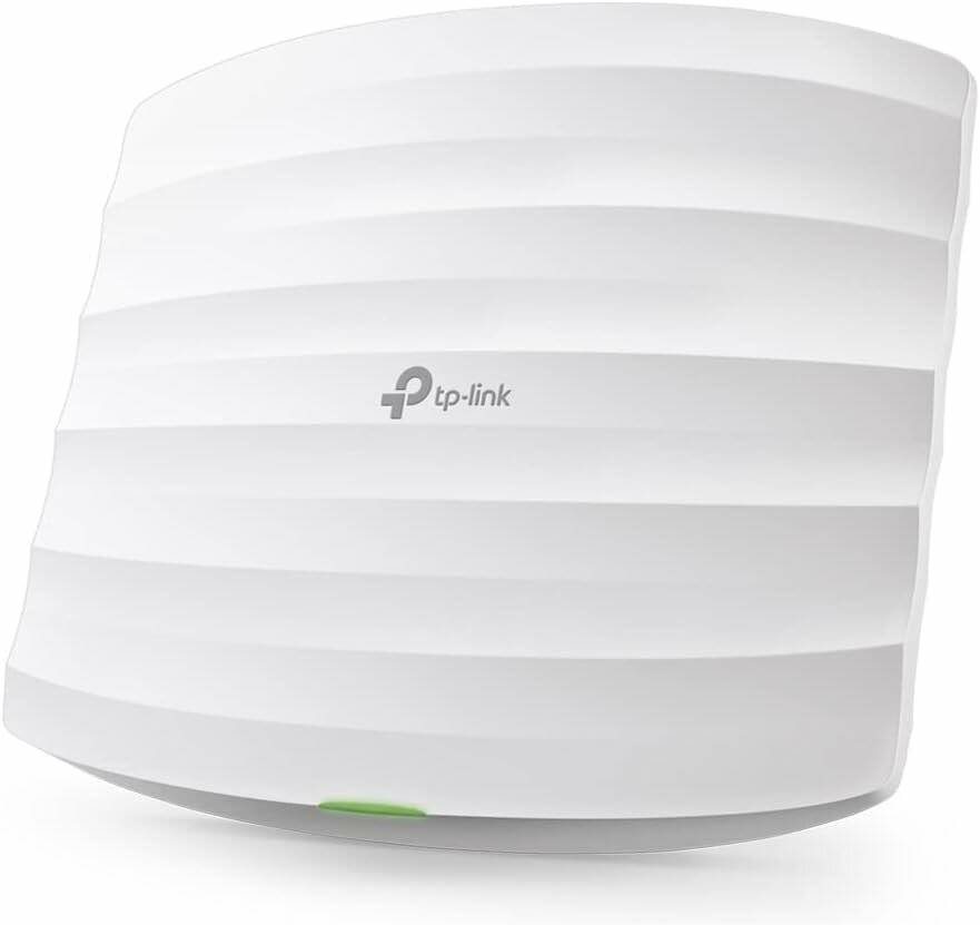 Ein weißer, gerippter TP-Link Wireless Access Point mit einer kleinen grünen Kontrollleuchte, der zur Erweiterung der WLAN-Abdeckung verwendet wird.